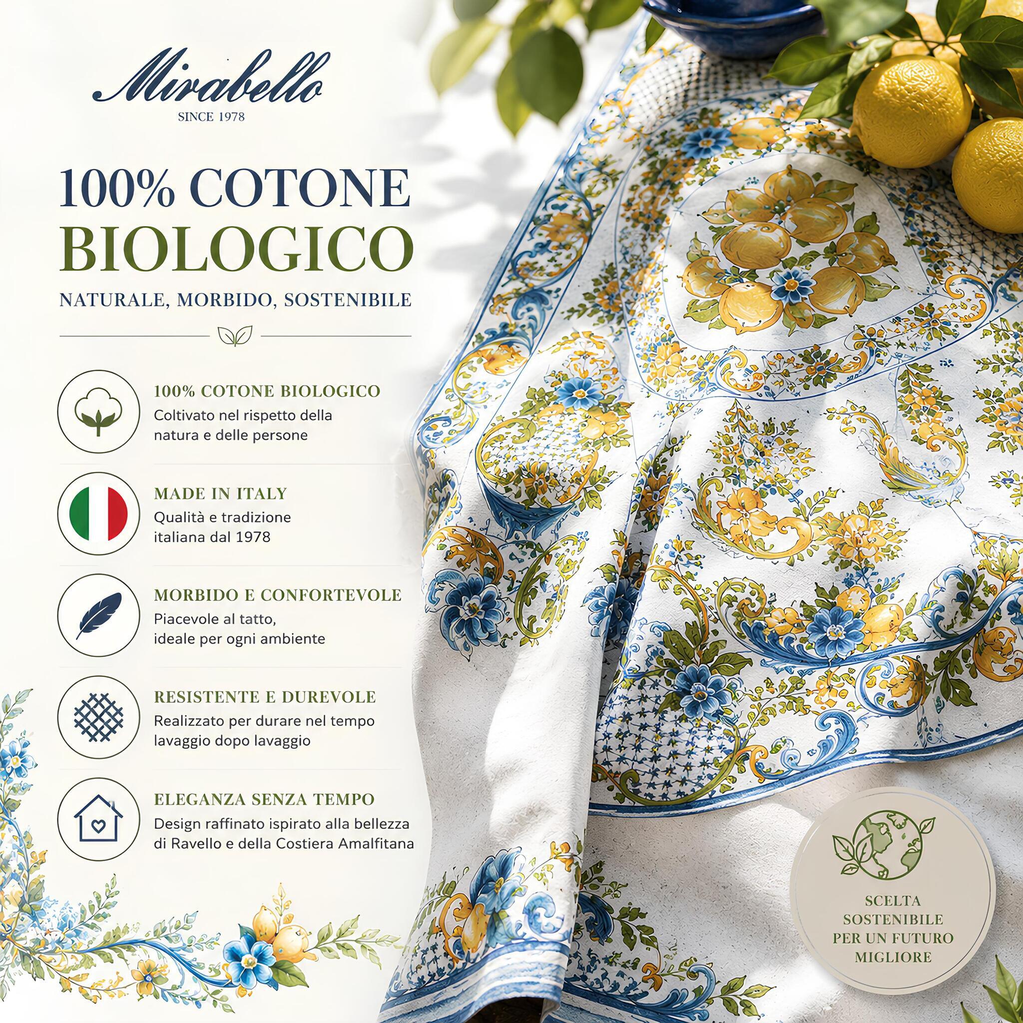 Telo Arredo Mirabello Ravello in 100% cotone biologico Made in Italy con fantasia ispirata ai limoni della Costiera Amalfitana.