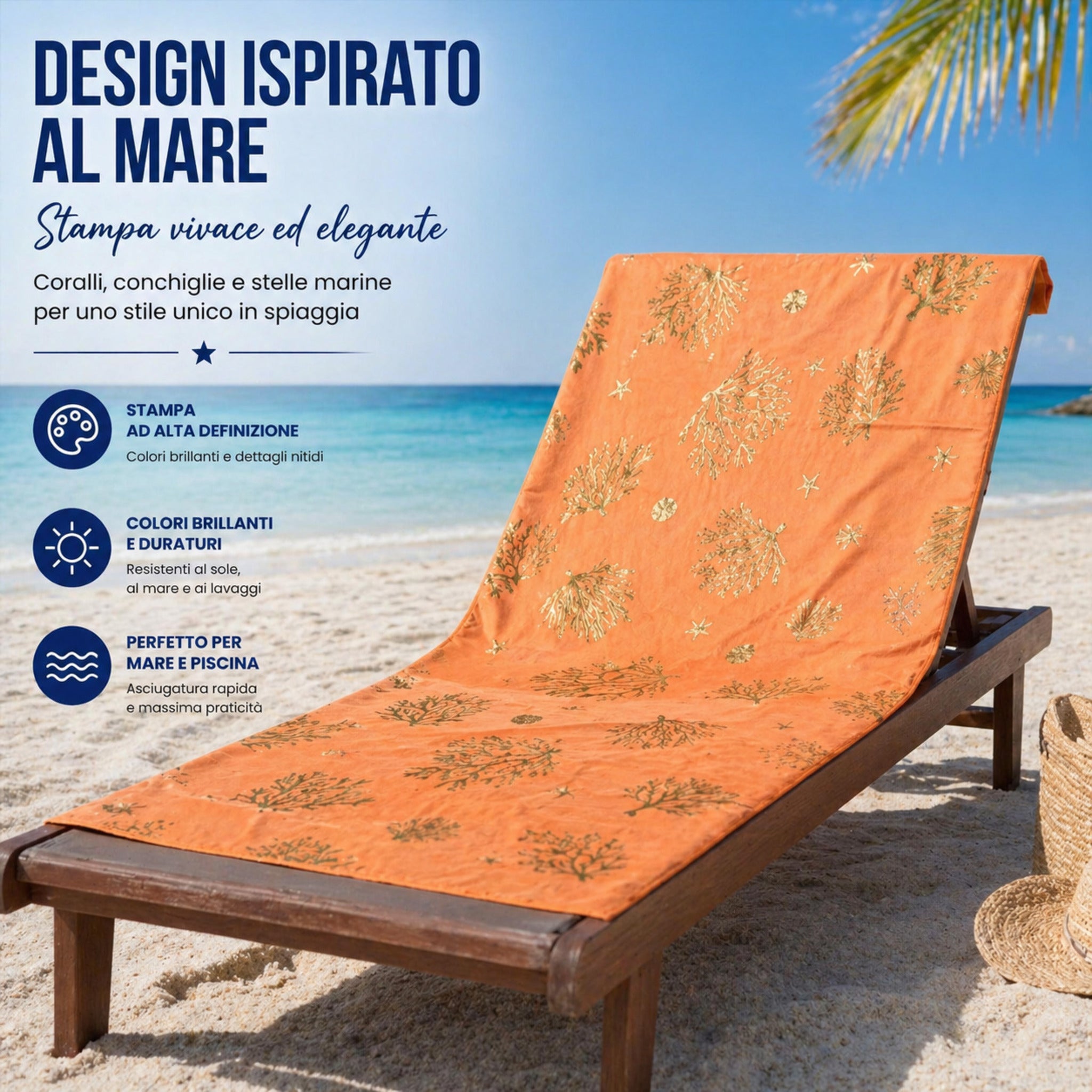 dettaglio stampa telo mare coralli stelle marine alta definizione arancio