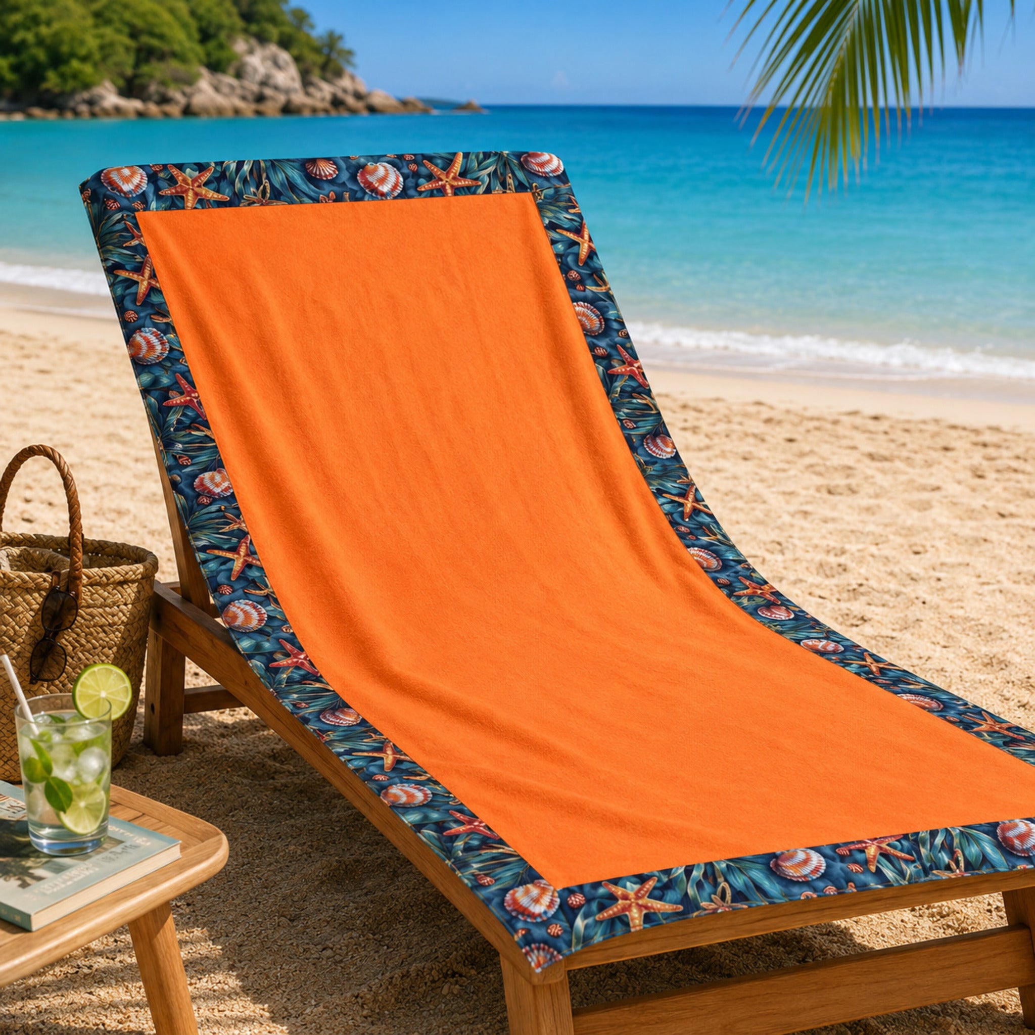 Telo mare arancione Fancy Home Ventotene con fantasia conchiglie tropicali