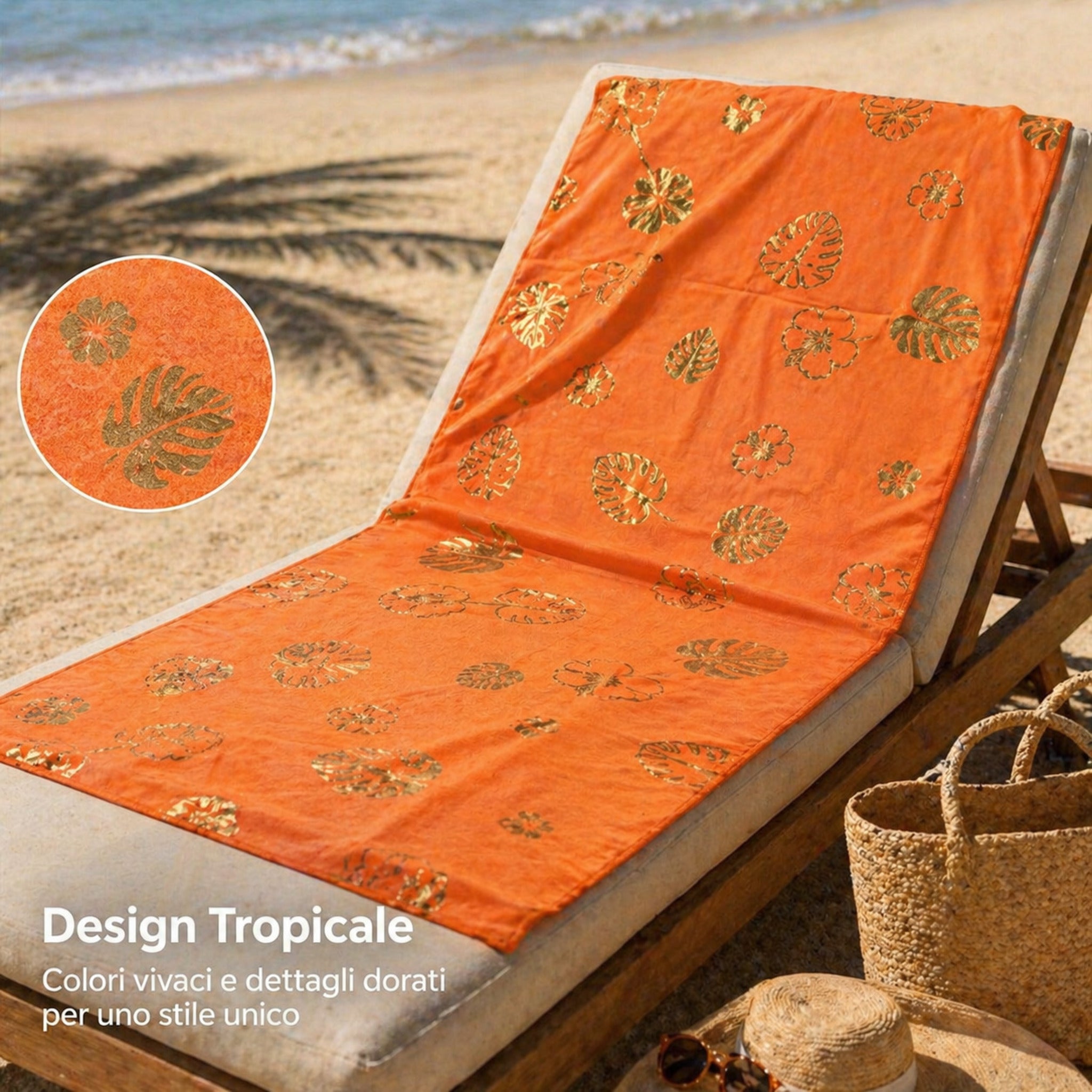 telo mare design tropicale su sdraio fronte mare arancio