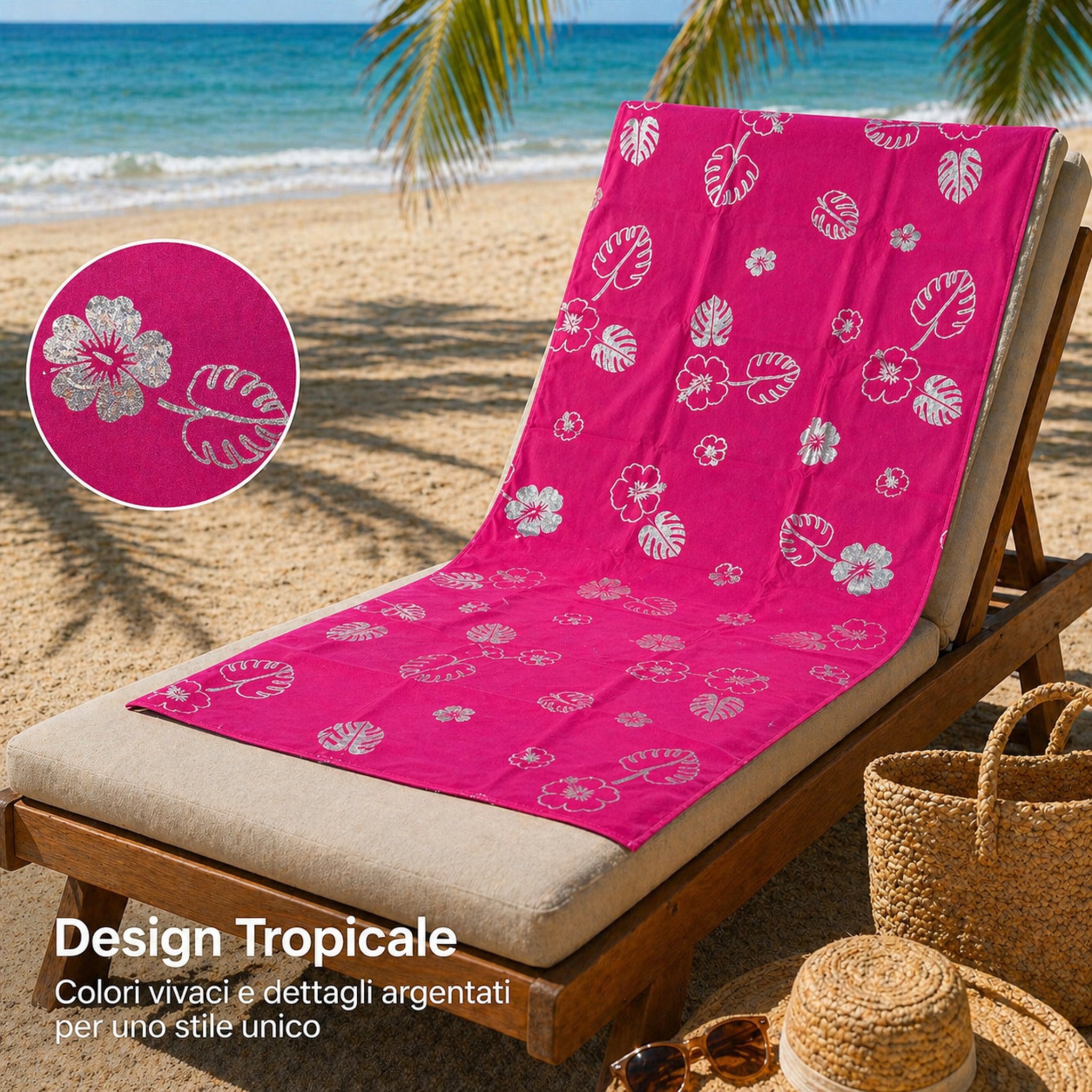 telo mare design tropicale su sdraio fronte mare fucsia