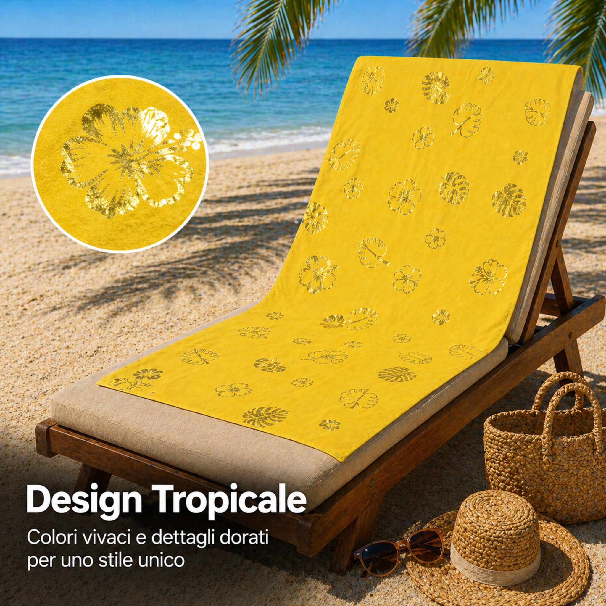 telo mare design tropicale su sdraio fronte mare giallo