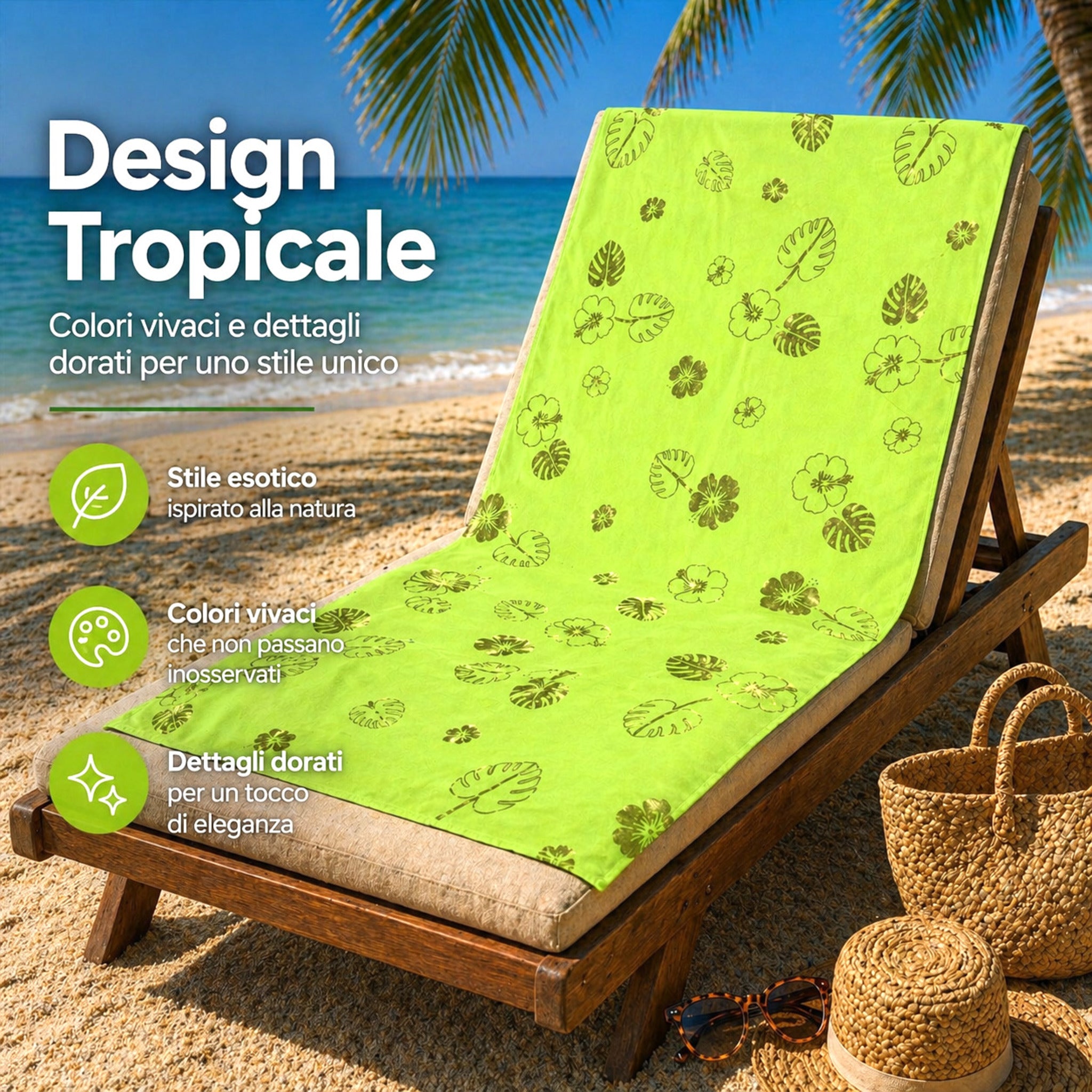 telo mare design tropicale su sdraio fronte mare verde