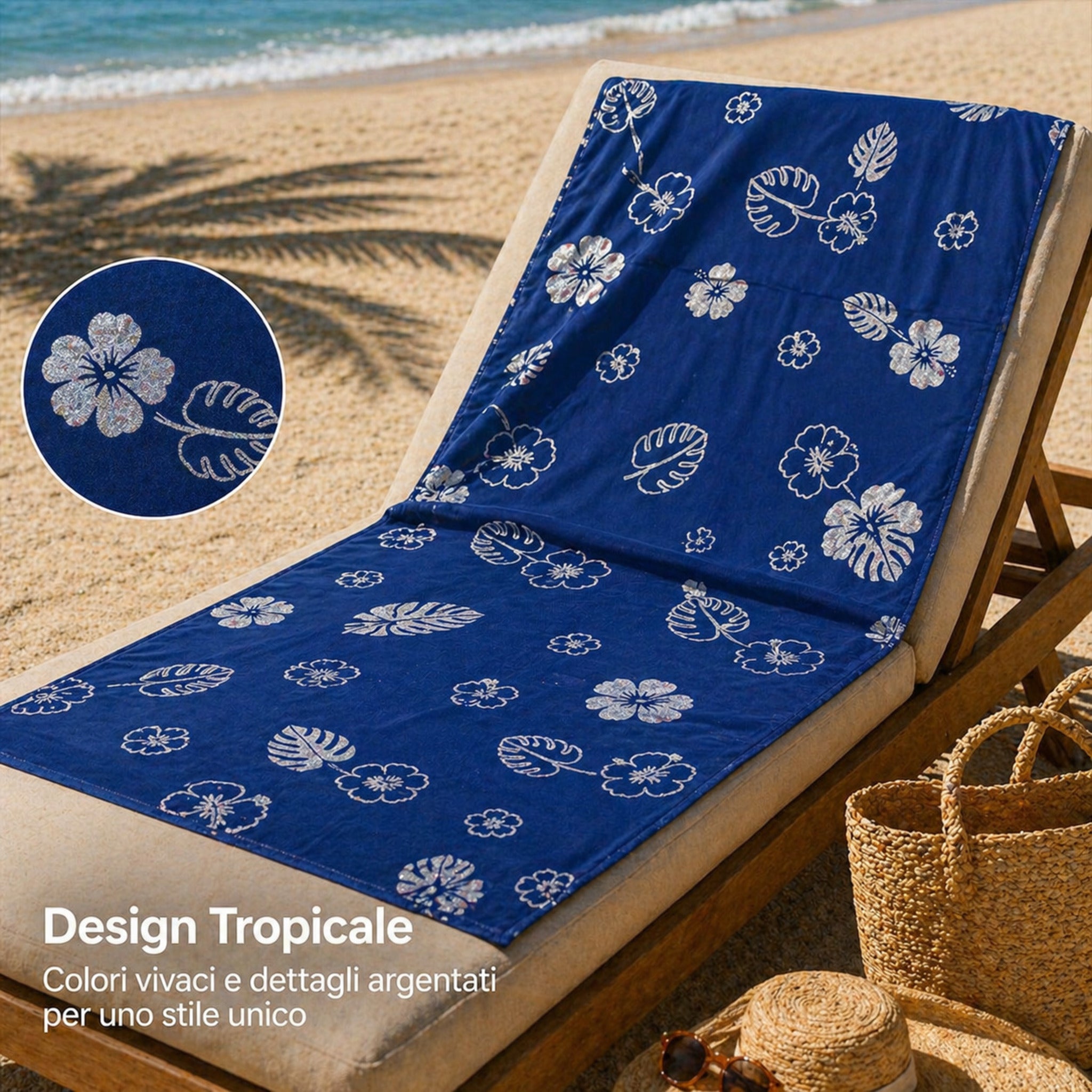 telo mare design tropicale su sdraio fronte mare blu