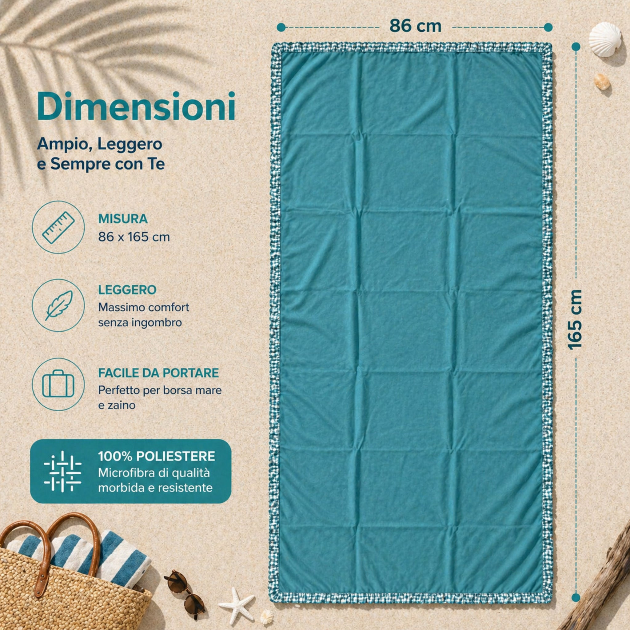 dimensioni telo mare microfibra 86x165 cm leggero compatto facile da trasportare

