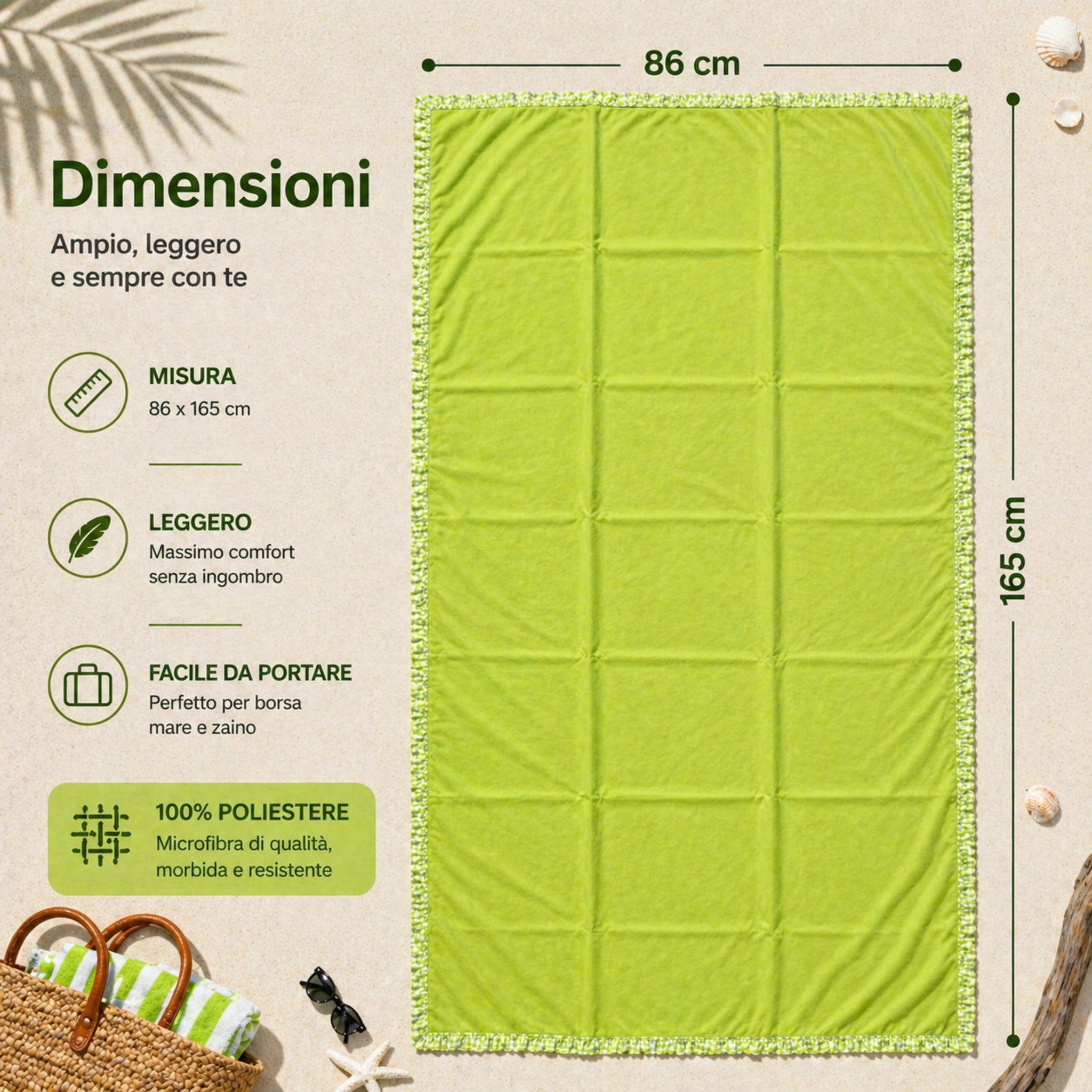 dimensioni telo mare microfibra 86x165 cm leggero compatto facile da trasportare
