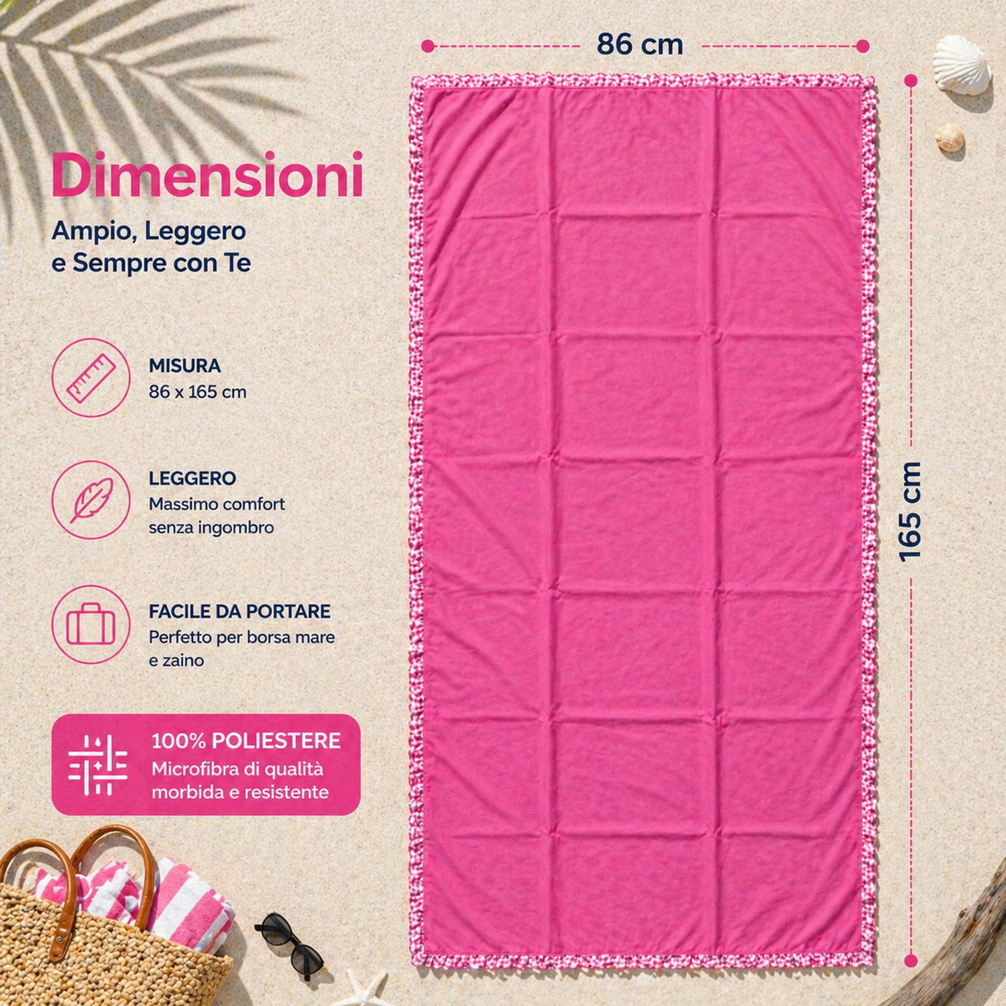 dimensioni telo mare microfibra 86x165 cm leggero compatto facile da trasportare
