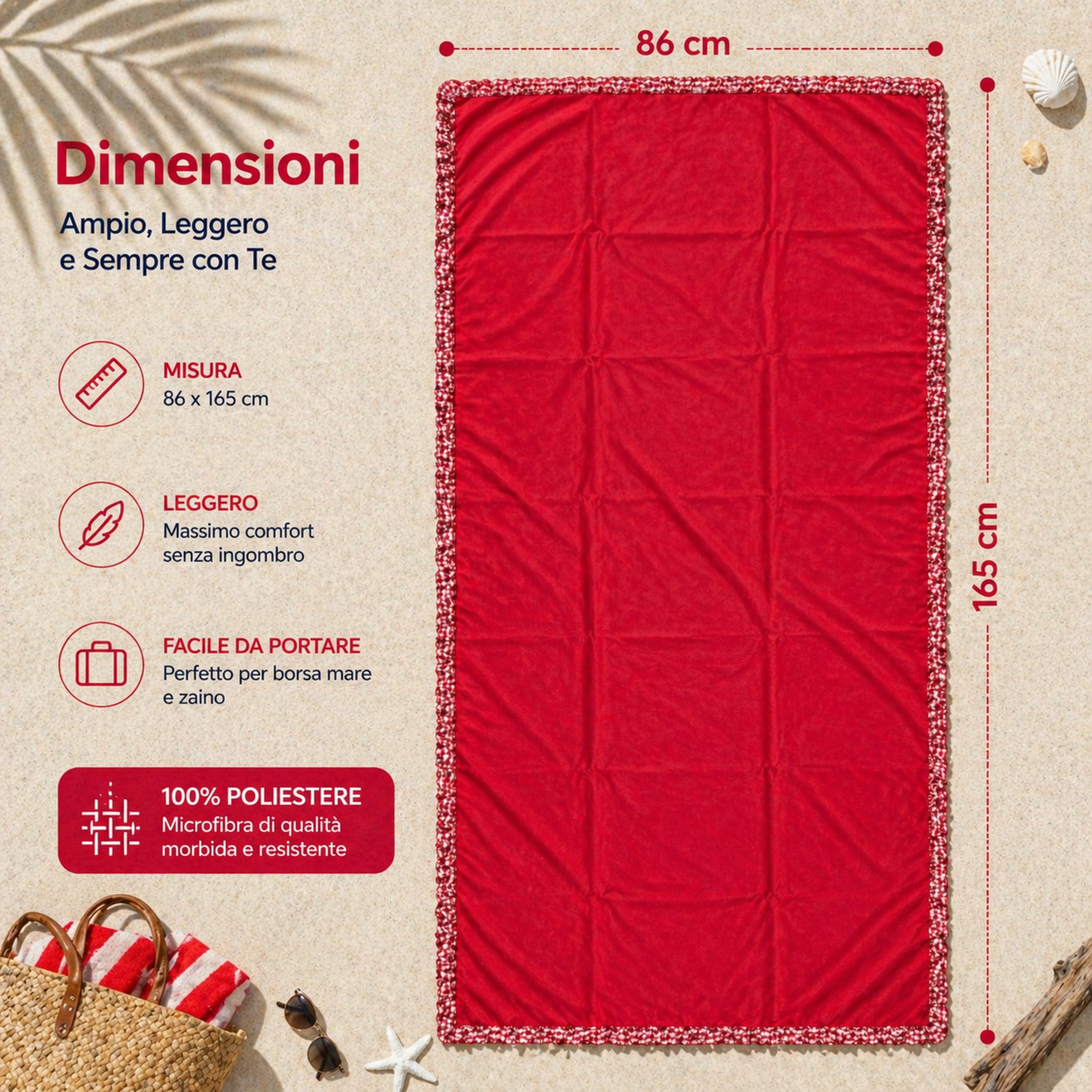 dimensioni telo mare microfibra 86x165 cm leggero compatto facile da trasportare
