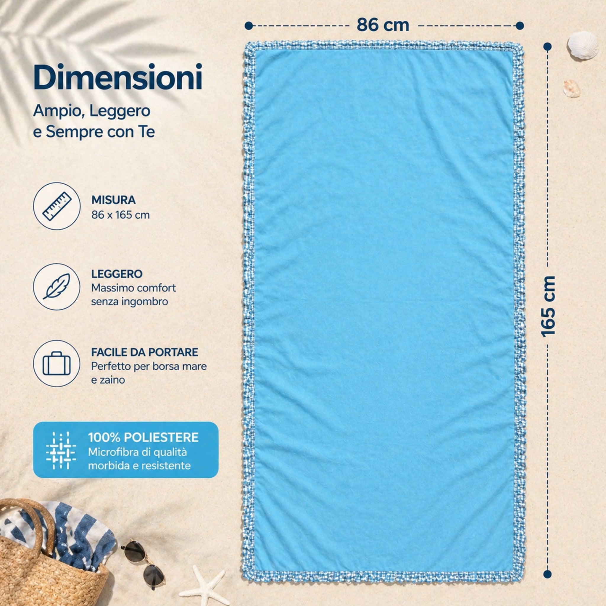 dimensioni telo mare microfibra 86x165 cm leggero compatto facile da trasportare
