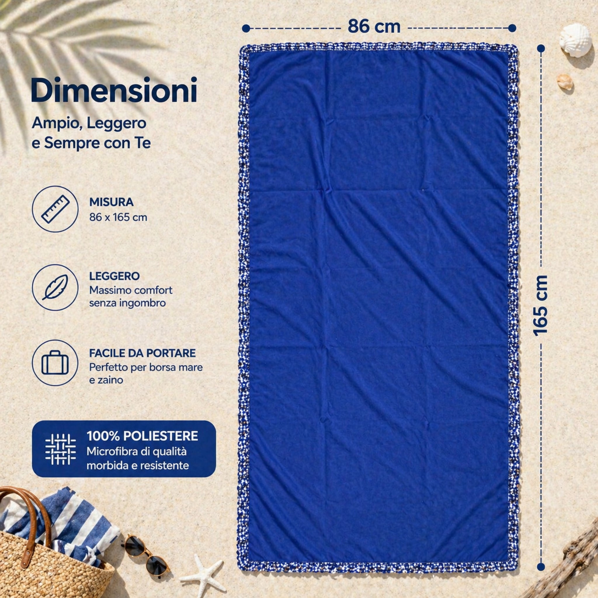 dimensioni telo mare microfibra 86x165 cm leggero compatto facile da trasportare
