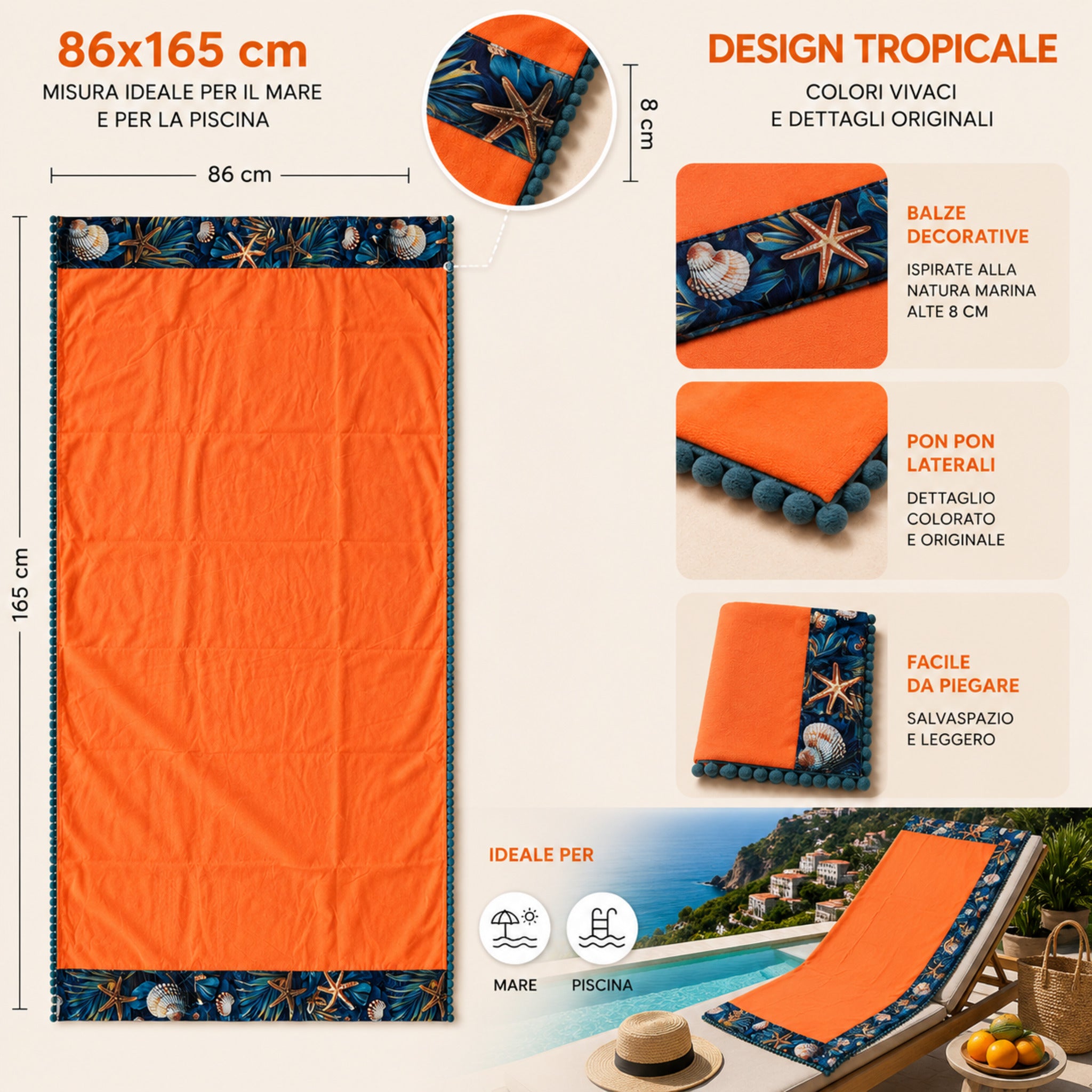 Dimensioni telo mare Fancy Home Erice 86x165 cm con balze decorative e pon pon laterali arancione