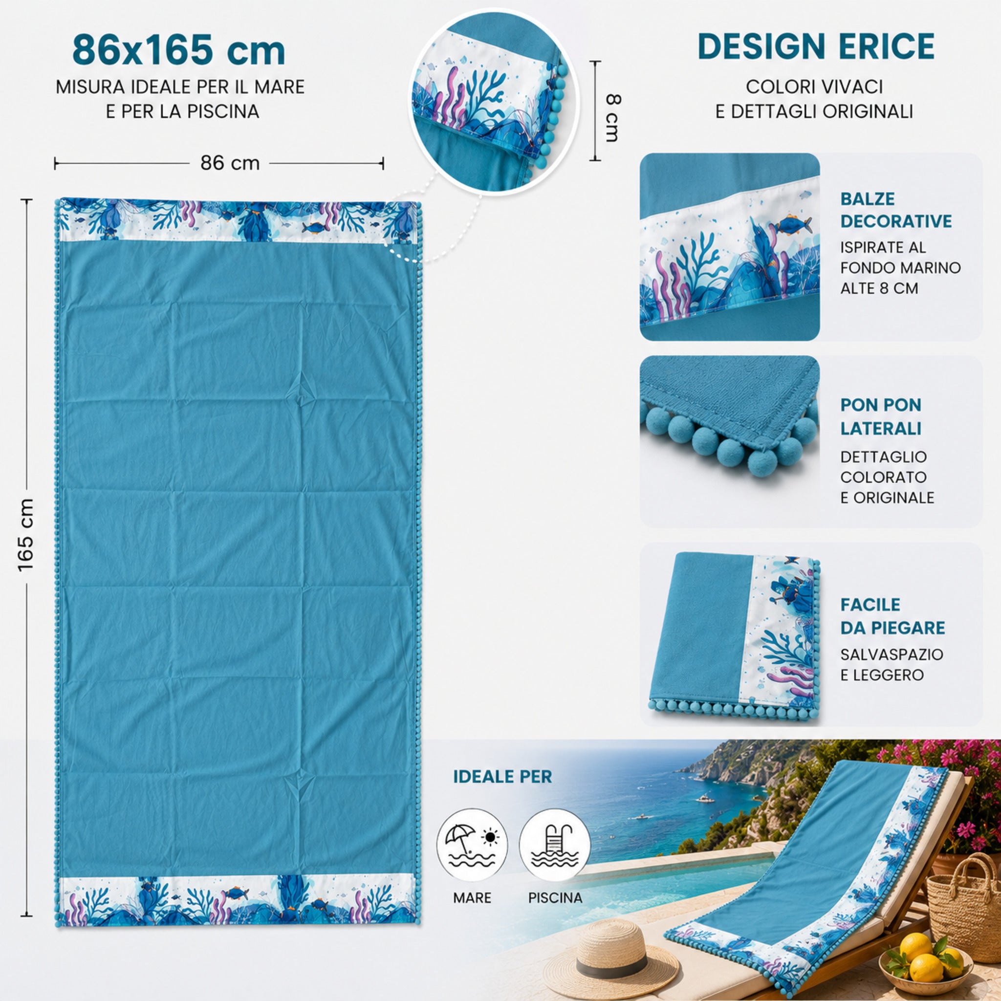 Dimensioni telo mare Fancy Home Erice 86x165 cm con balze decorative e pon pon laterali azzurro