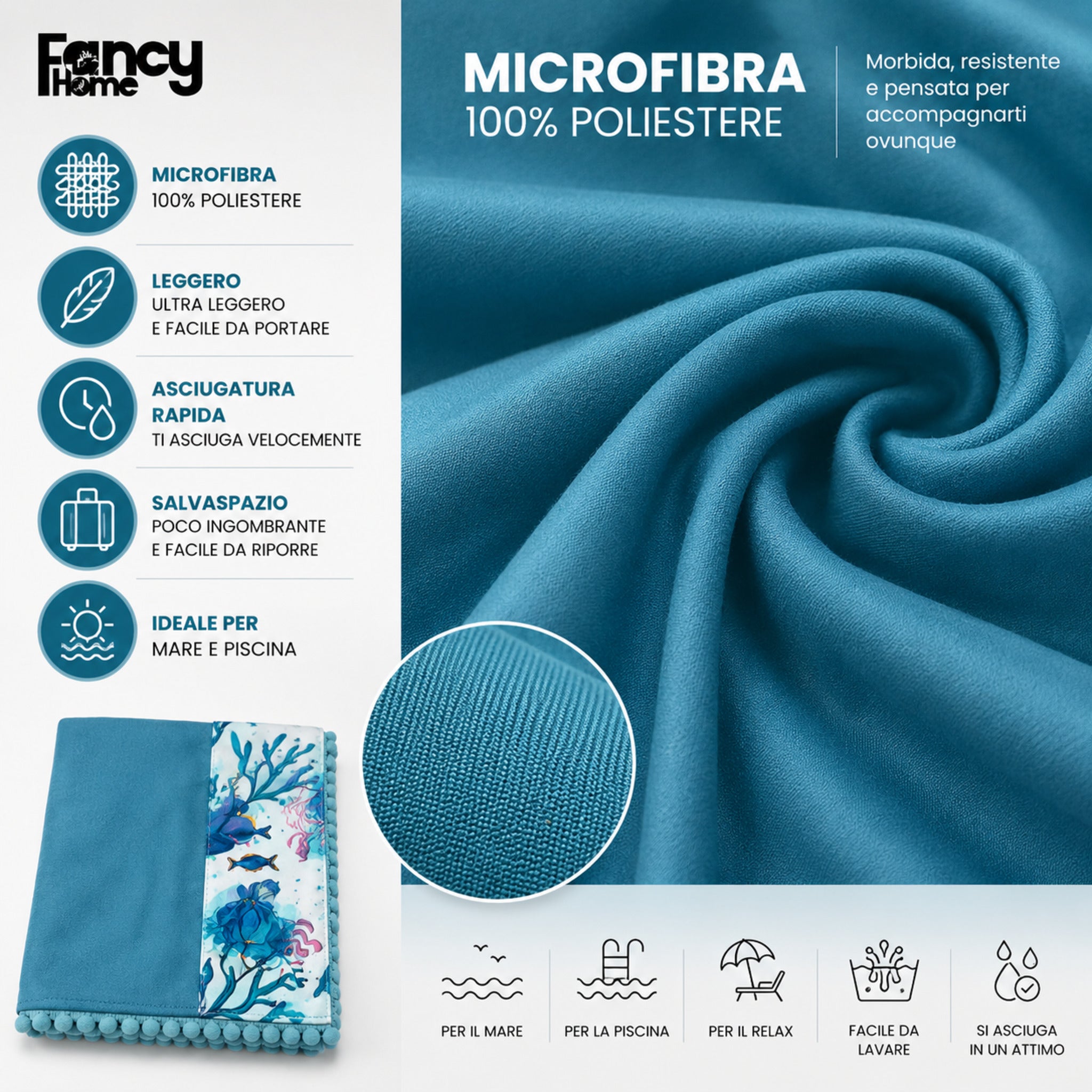Dettaglio microfibra telo mare Fancy Home Erice azzurro morbida leggera e ad asciugatura rapida