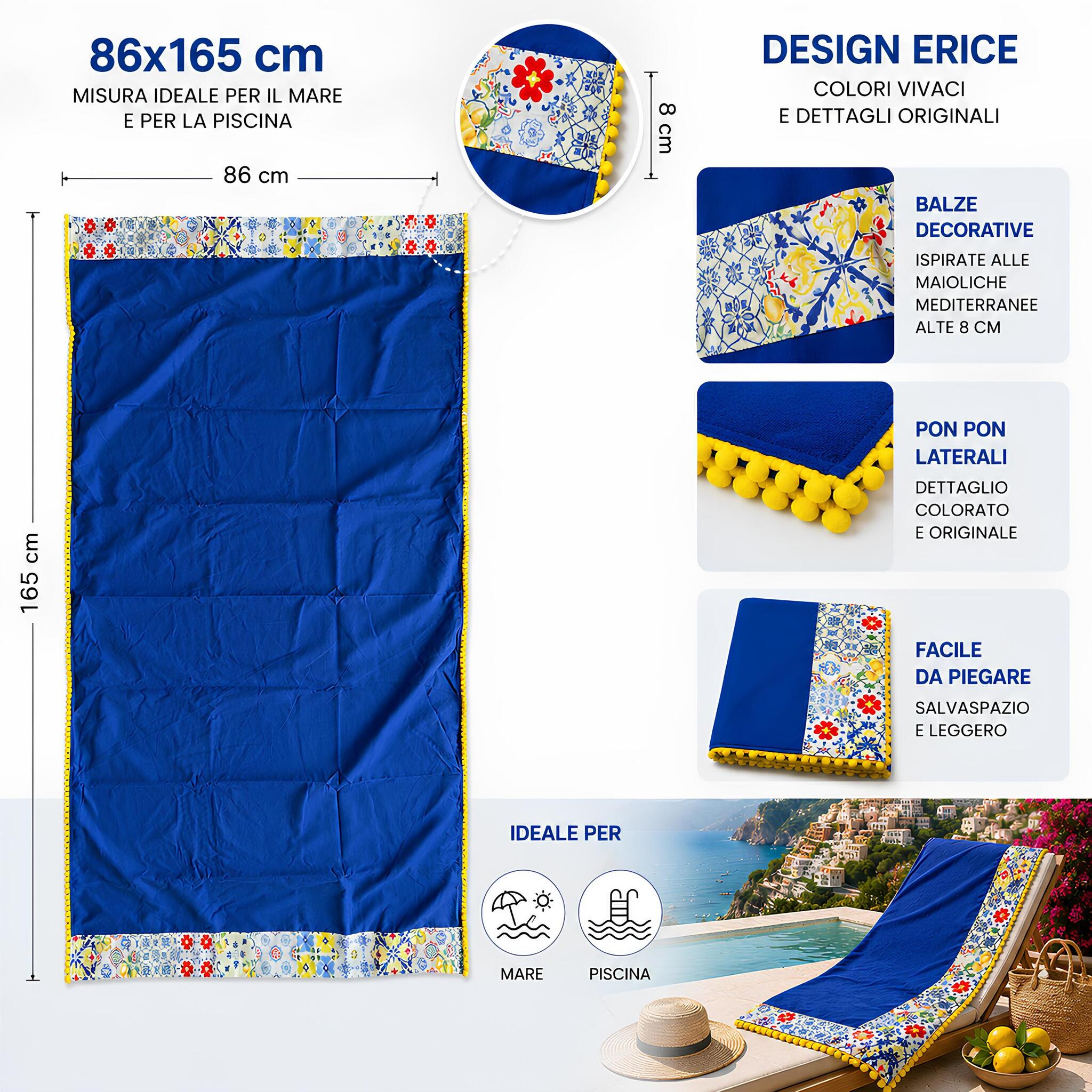 Dimensioni telo mare Fancy Home Erice 86x165 cm con balze decorative e pon pon laterali blu