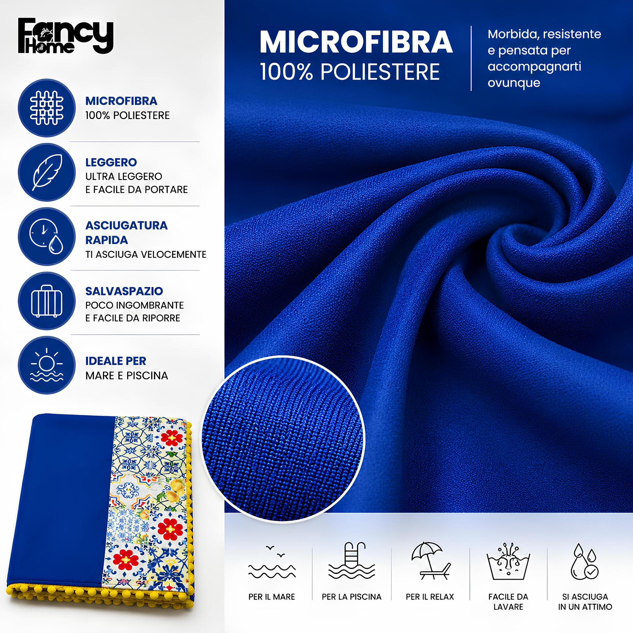 Dettaglio microfibra telo mare Fancy Home Erice blu morbida leggera e ad asciugatura rapida
