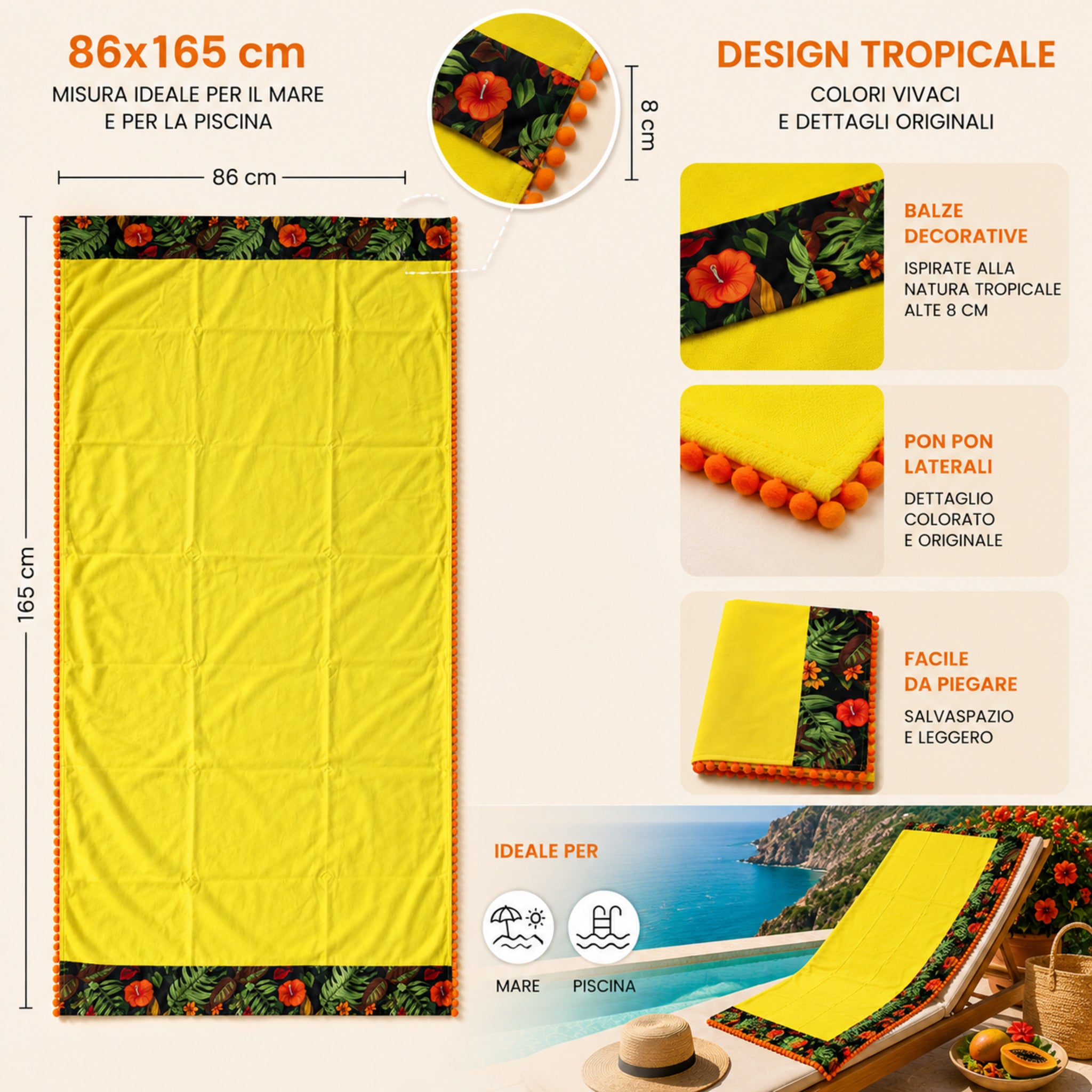 Dimensioni telo mare Fancy Home Erice 86x165 cm con balze decorative e pon pon laterali giallo