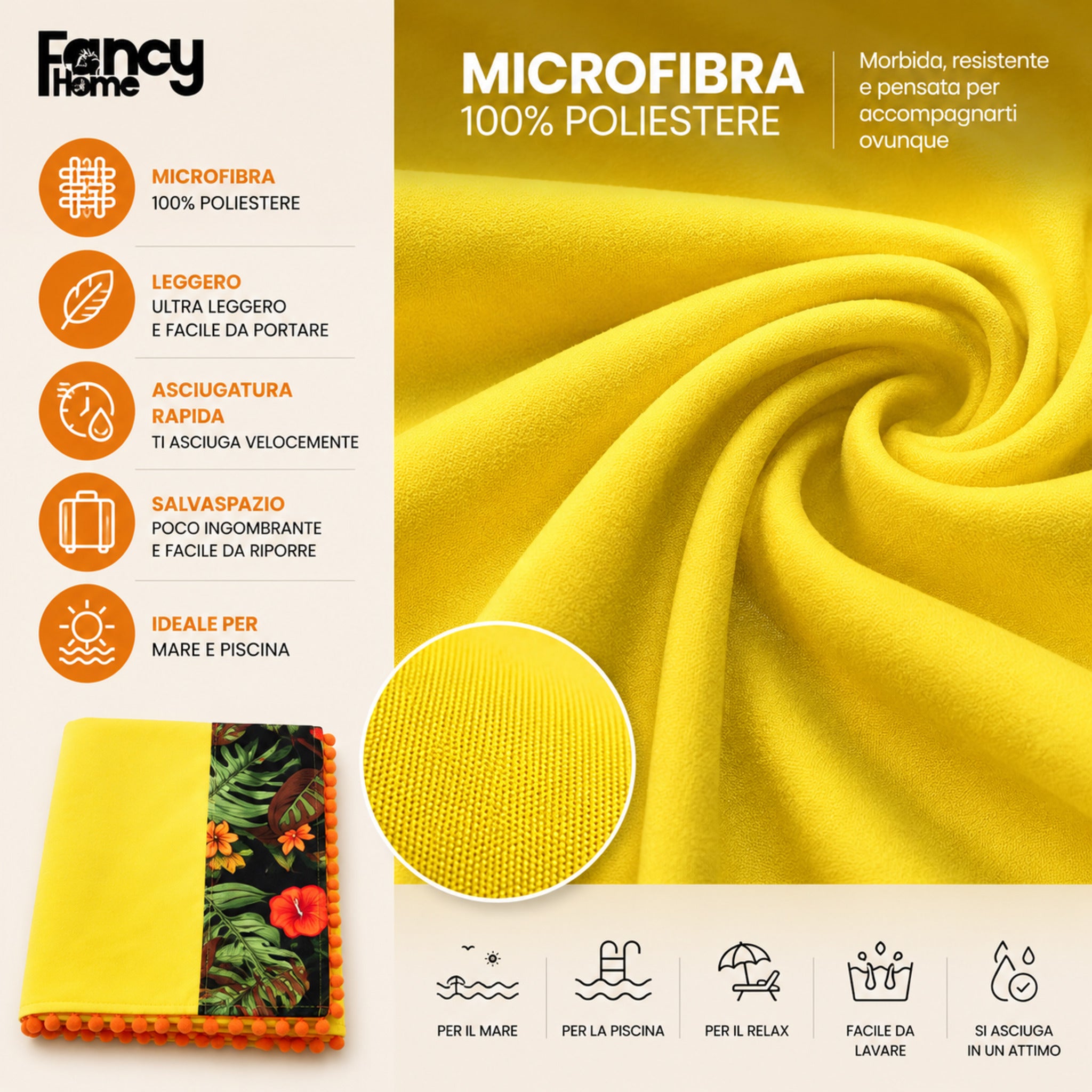Dettaglio microfibra telo mare Fancy Home Erice giallo morbida leggera e ad asciugatura rapida