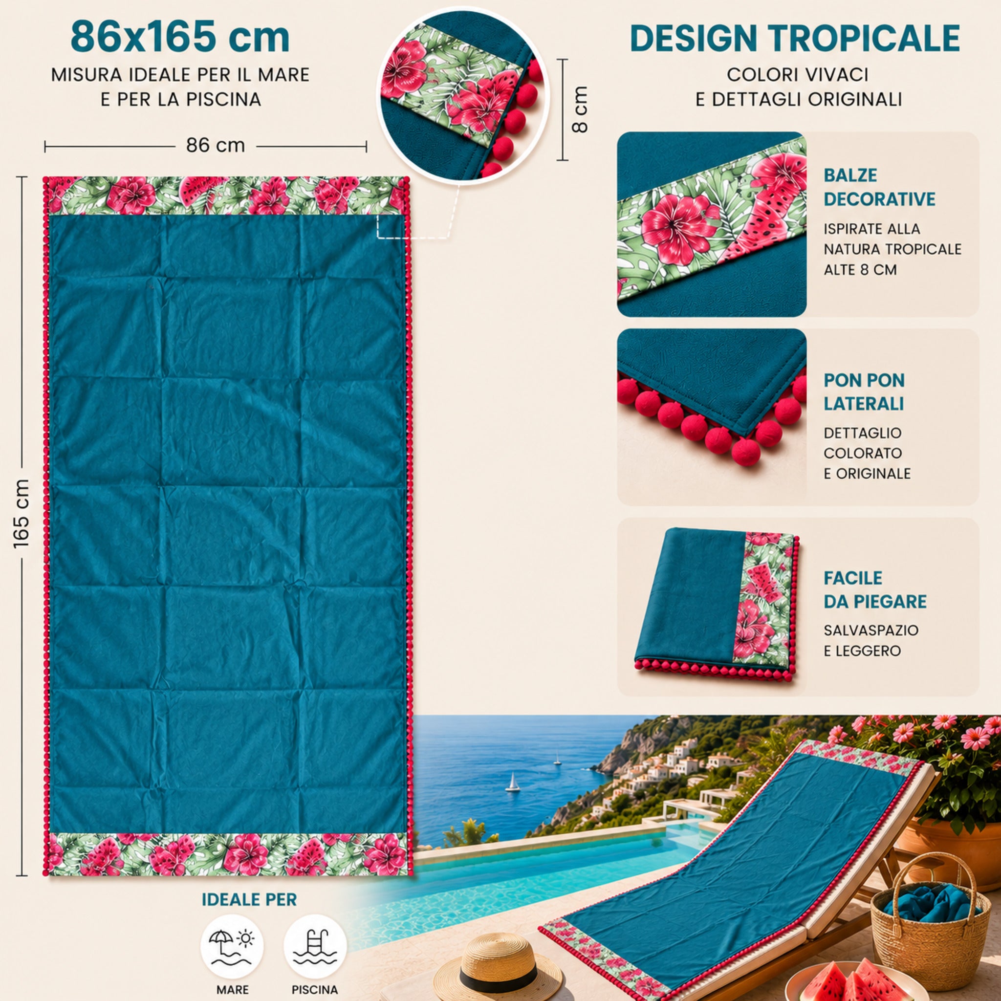 Dimensioni telo mare Fancy Home Erice 86x165 cm con balze decorative e pon pon laterali petrolio