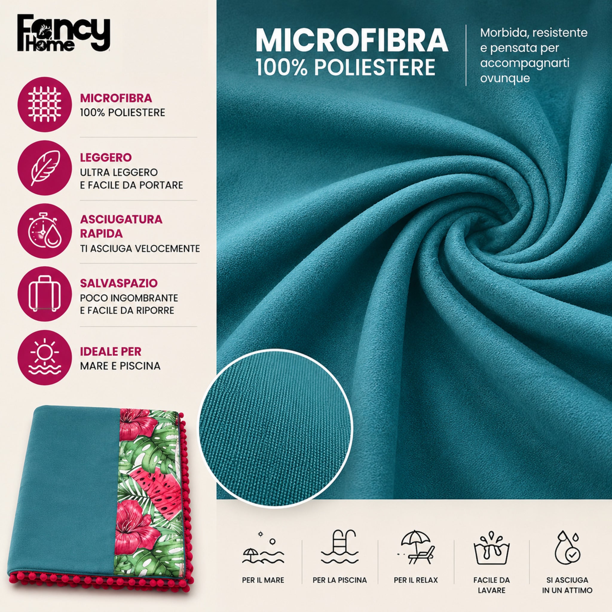 Dettaglio microfibra telo mare Fancy Home Erice petrolio morbida leggera e ad asciugatura rapida
