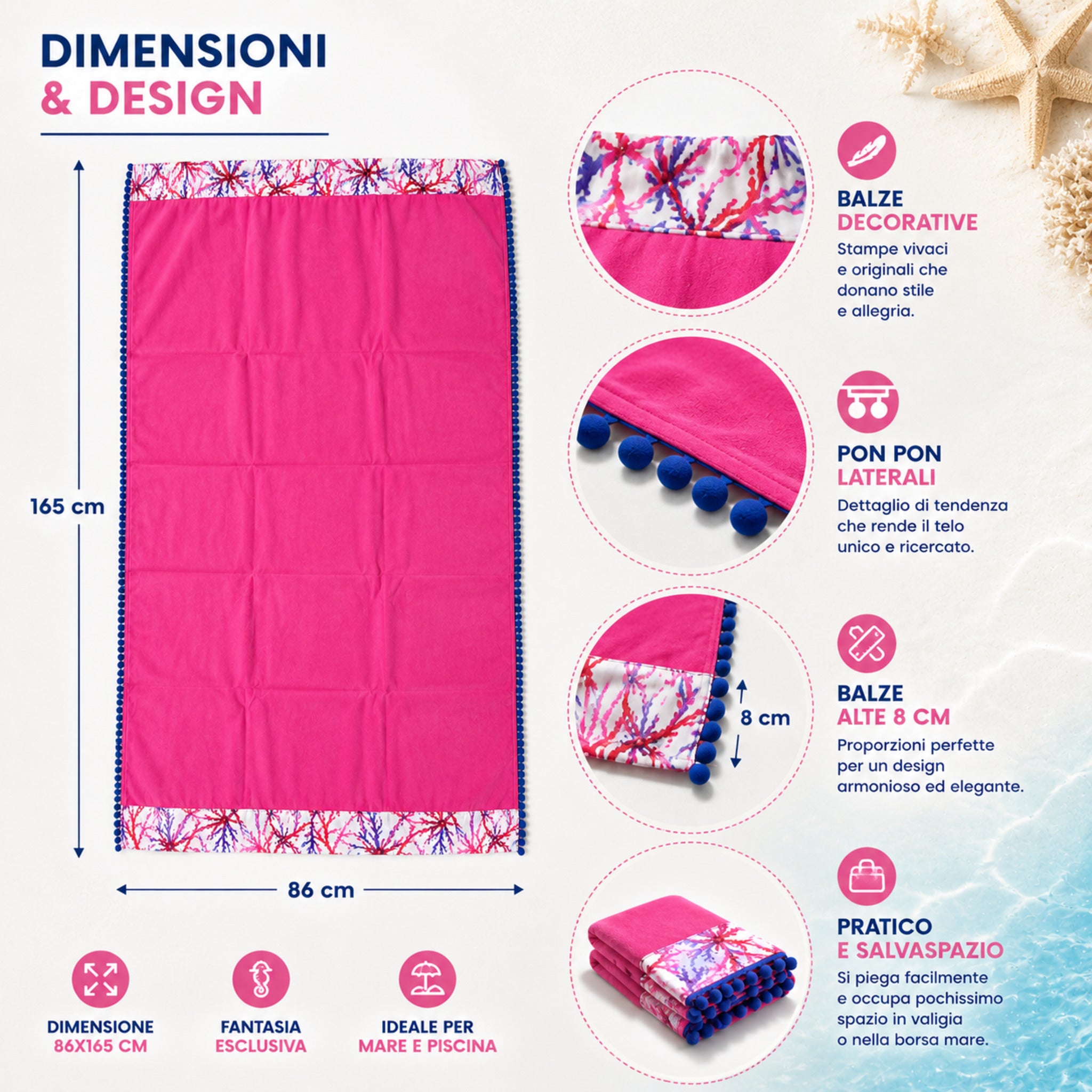 Dimensioni telo mare Fancy Home Erice 86x165 cm con balze decorative e pon pon laterali rosa