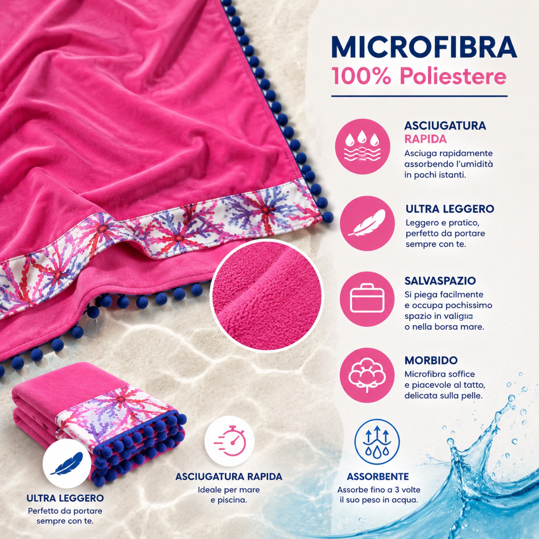 Dettaglio microfibra telo mare Fancy Home Erice rosa morbida leggera e ad asciugatura rapida