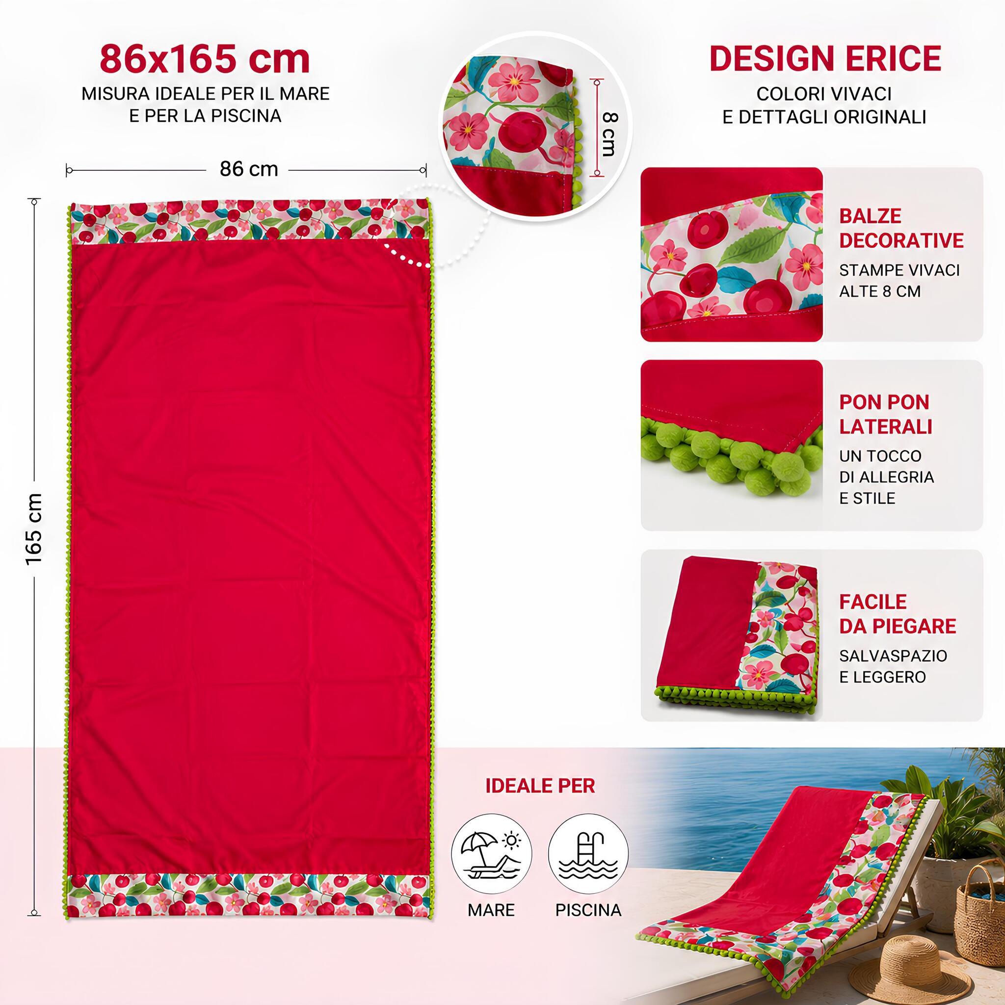 Dimensioni telo mare Fancy Home Erice 86x165 cm con balze decorative e pon pon laterali rosso