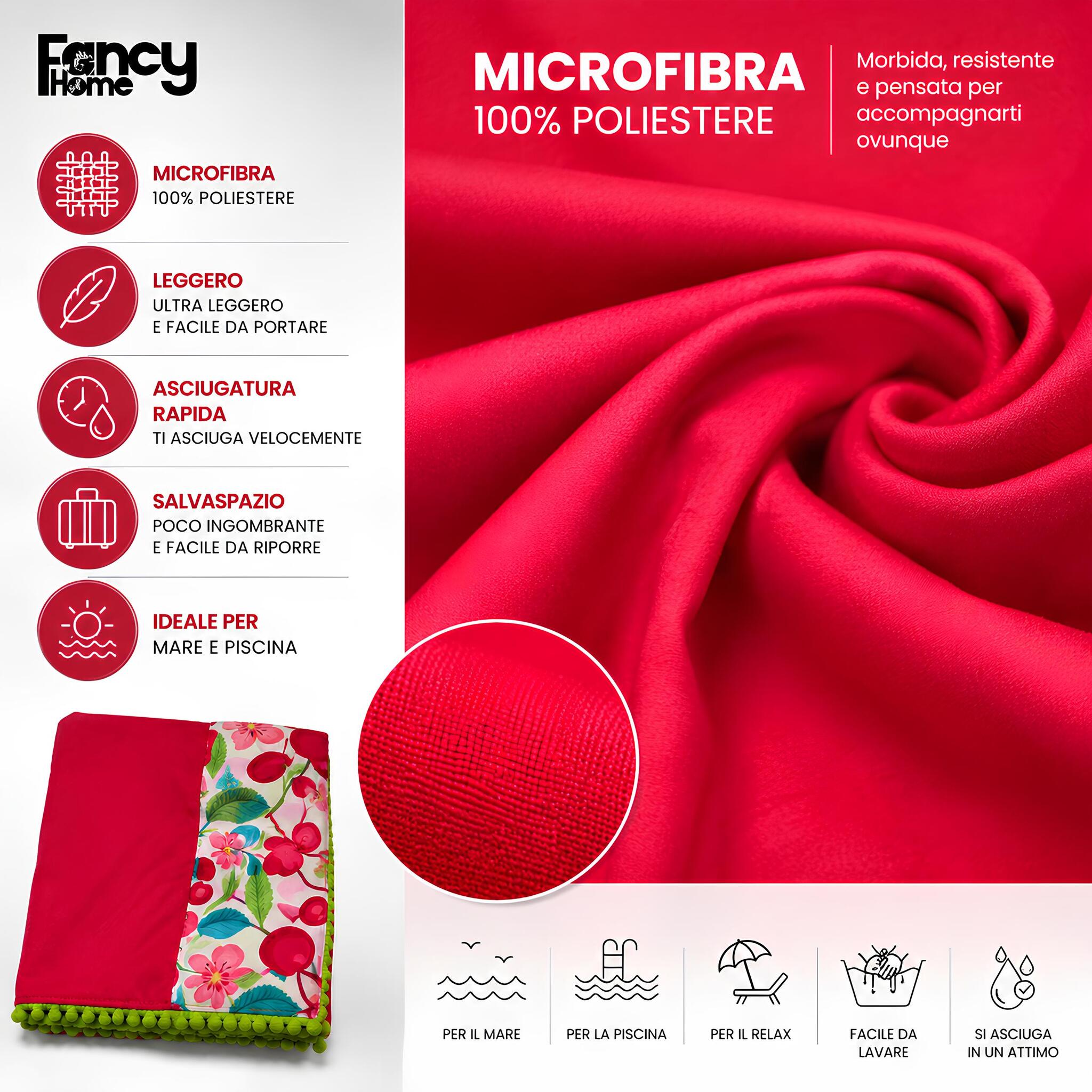 Dettaglio microfibra telo mare Fancy Home Erice rosso morbida leggera e ad asciugatura rapida