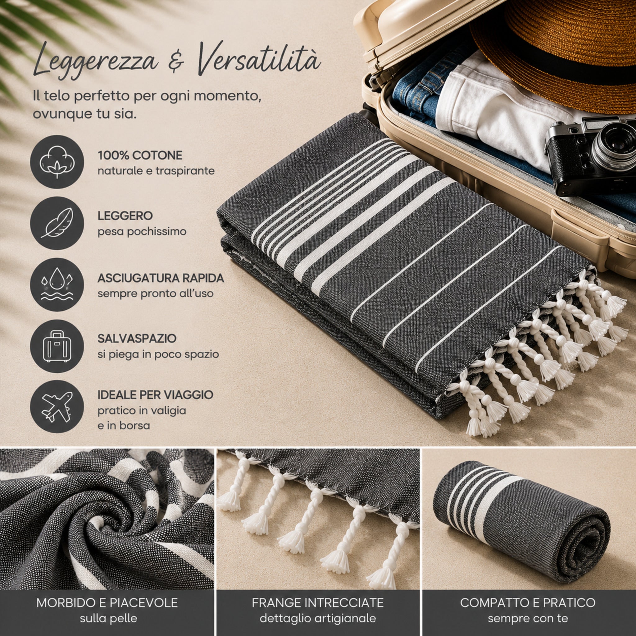 Telo mare fouta Cogal Guadalupa leggero e salvaspazio in 100% cotone naturale antracite