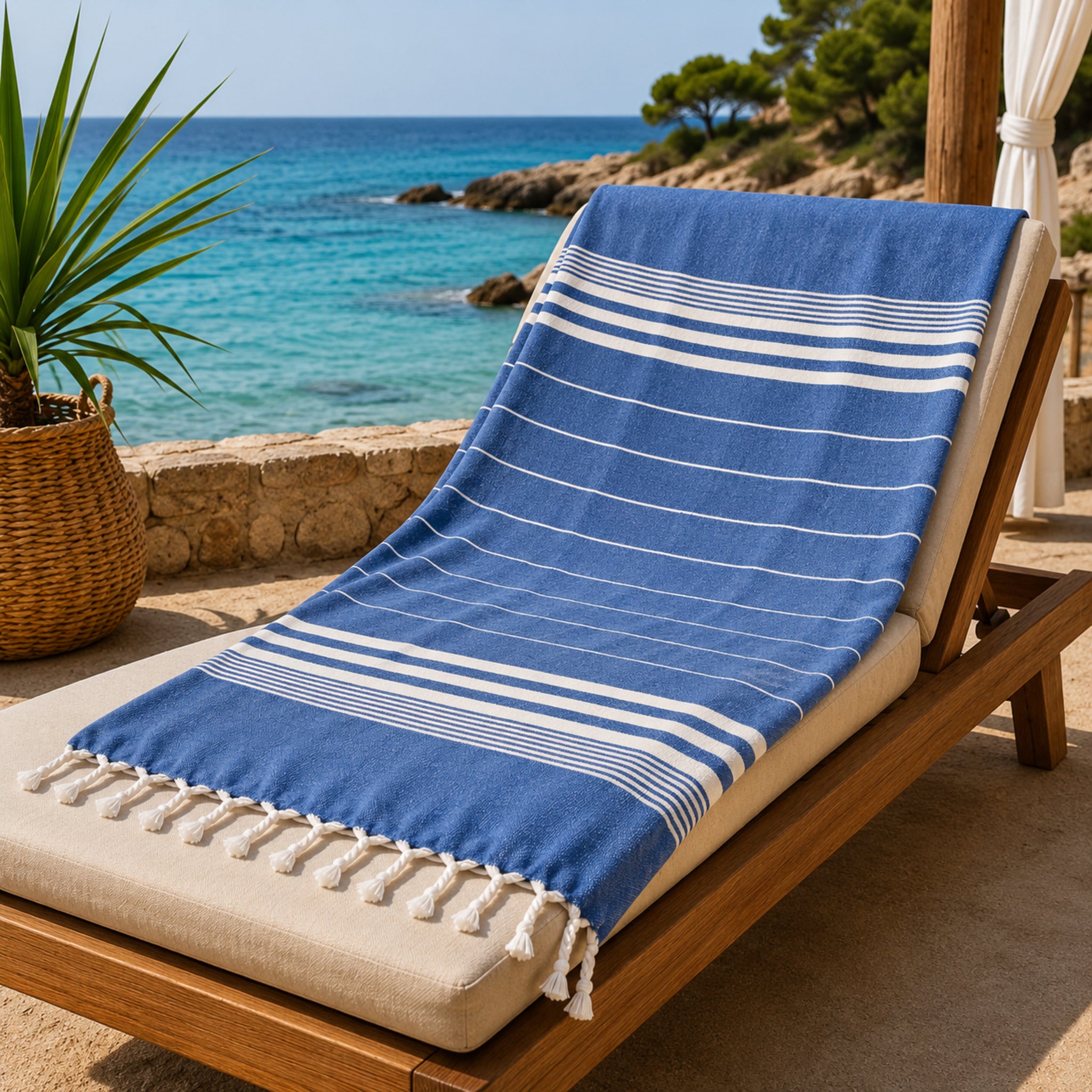Telo mare fouta Cogal Guadalupa blu 100% cotone 90x170 cm con frange su lettino vista mare