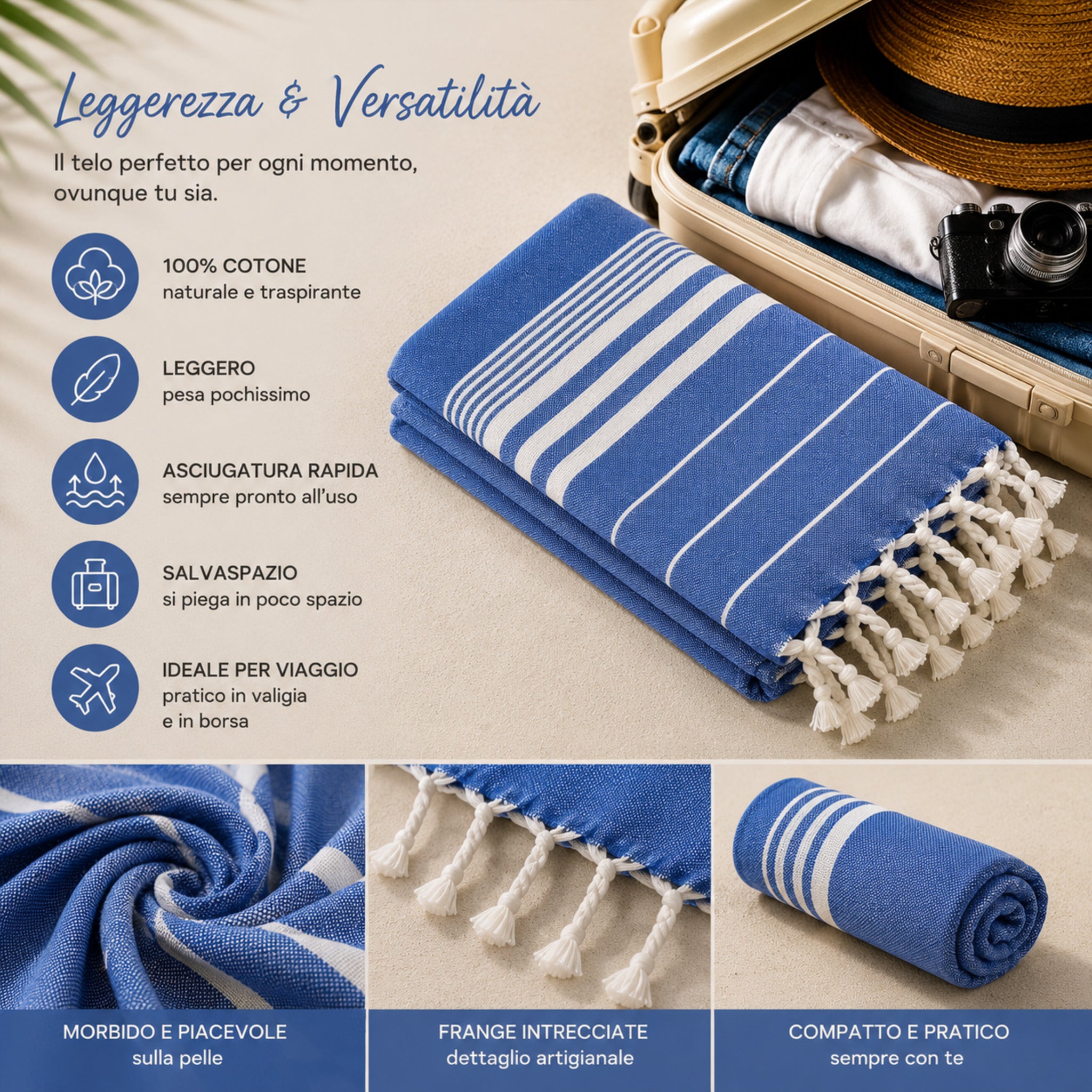 Telo mare fouta Cogal Guadalupa leggero e salvaspazio in 100% cotone naturale blu