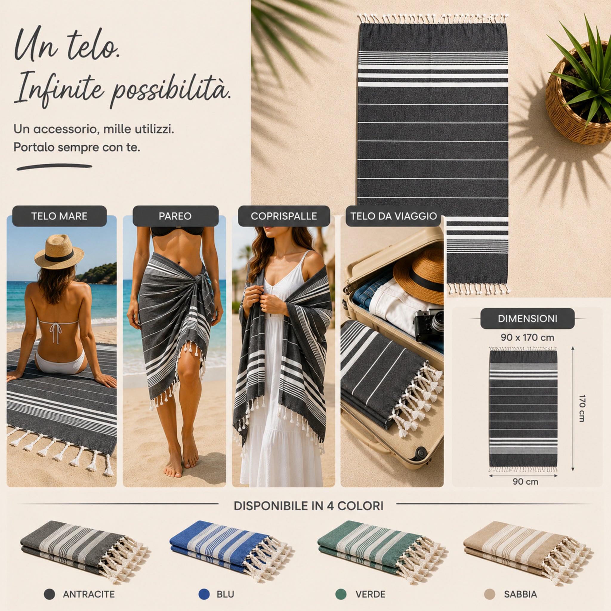 Telo mare fouta Cogal Guadalupa multiuso utilizzabile come pareo coprispalle e telo viaggio antracite