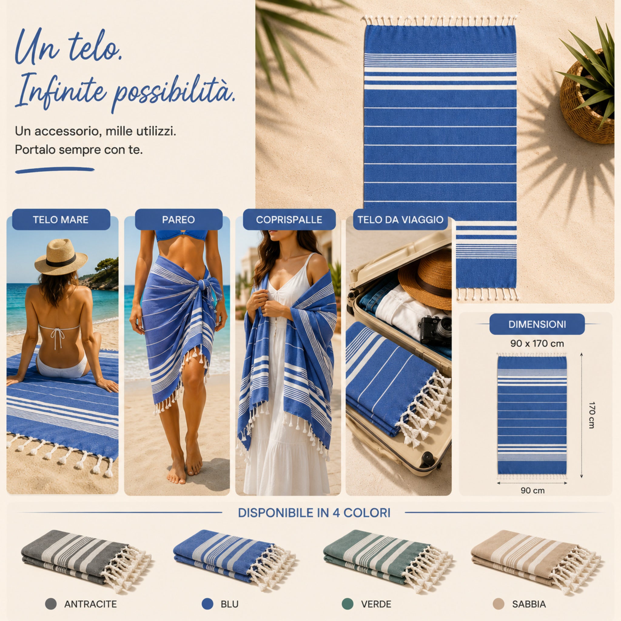 Telo mare fouta Cogal Guadalupa multiuso utilizzabile come pareo coprispalle e telo viaggio blu