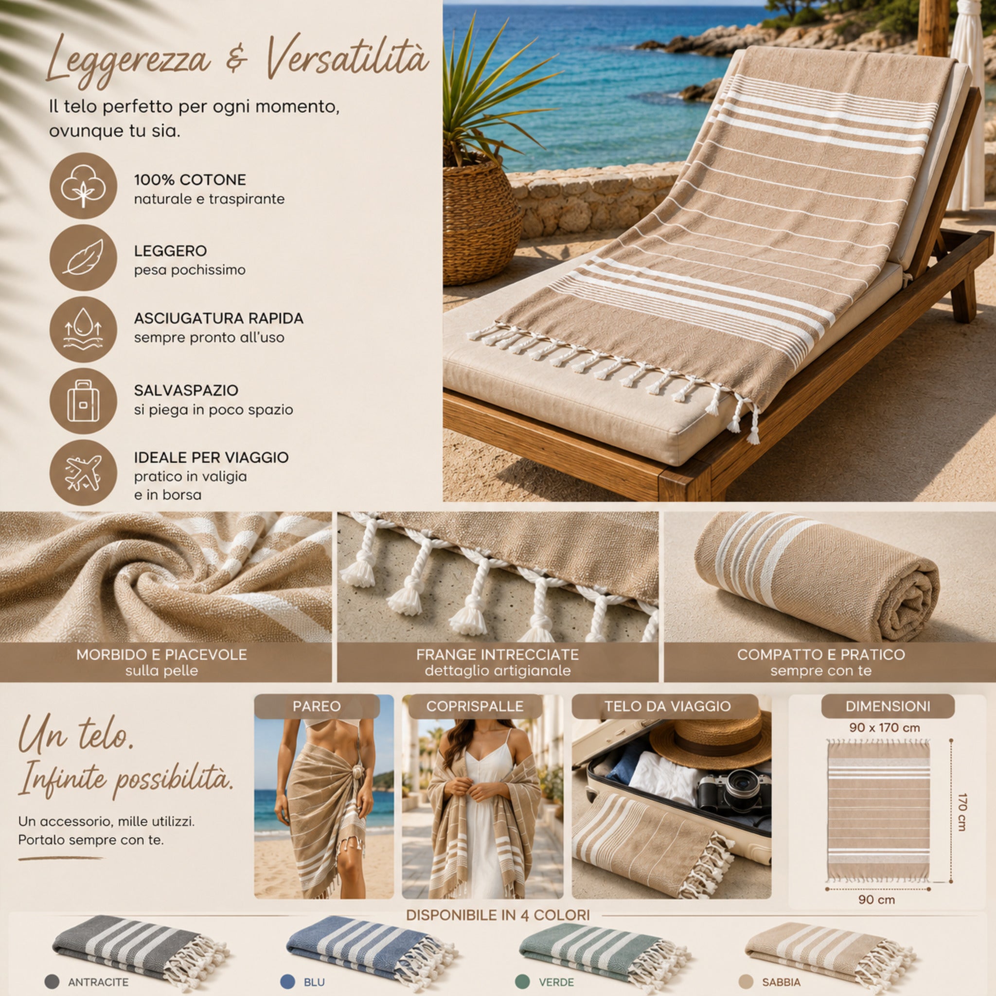 Telo mare fouta Cogal Guadalupa multiuso utilizzabile come pareo coprispalle e telo viaggio sabbia