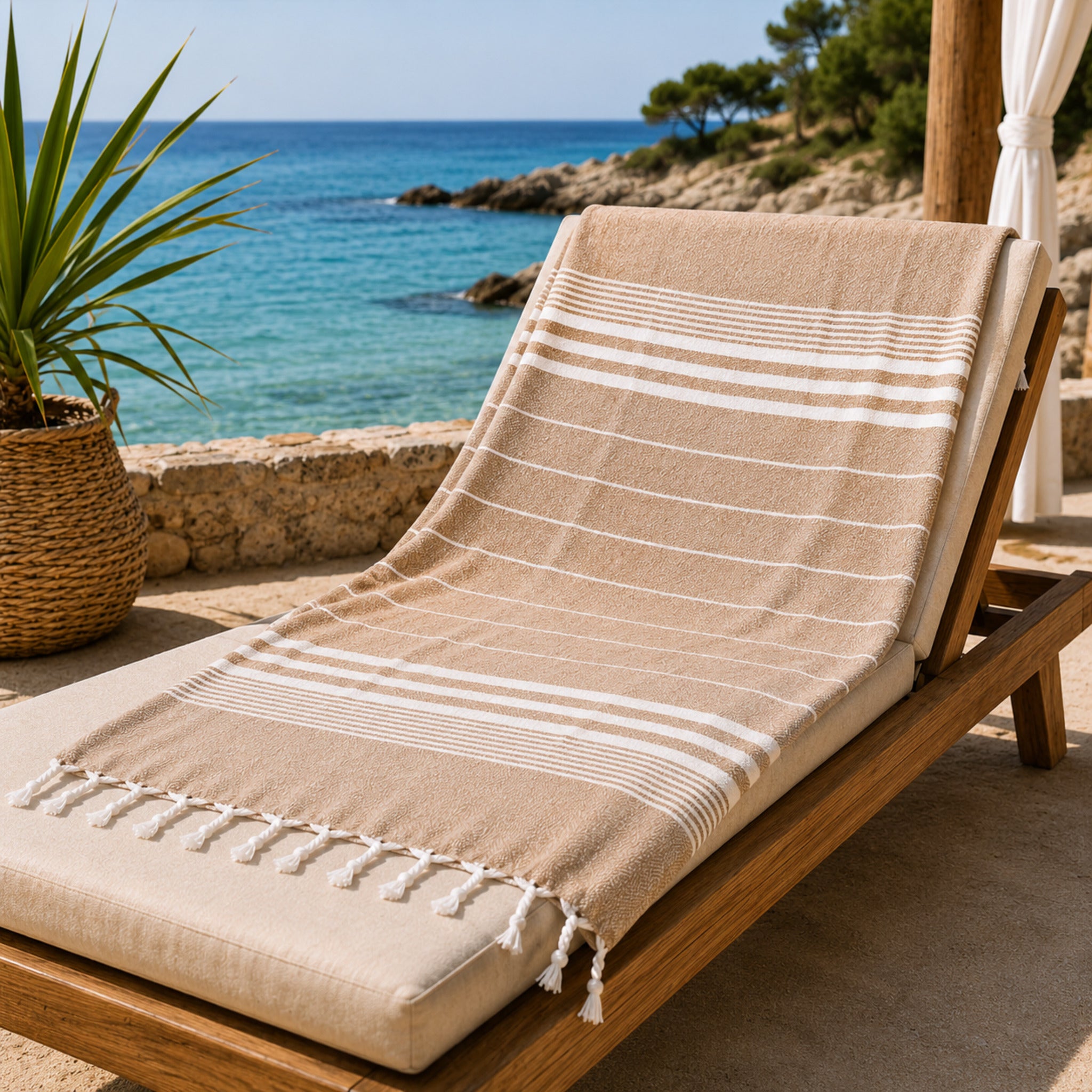 Telo mare fouta Cogal Guadalupa sabbia 100% cotone 90x170 cm con frange su lettino vista mare