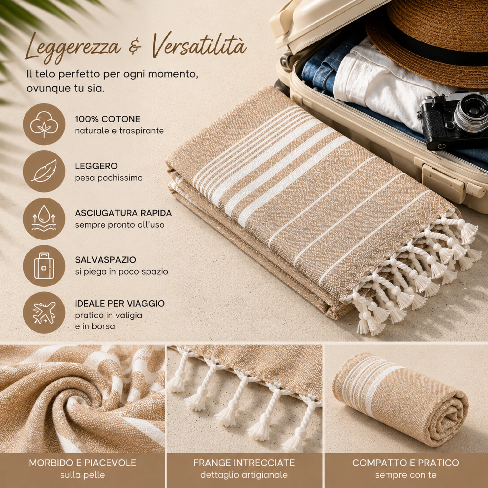 Telo mare fouta Cogal Guadalupa leggero e salvaspazio in 100% cotone naturale sabbia
