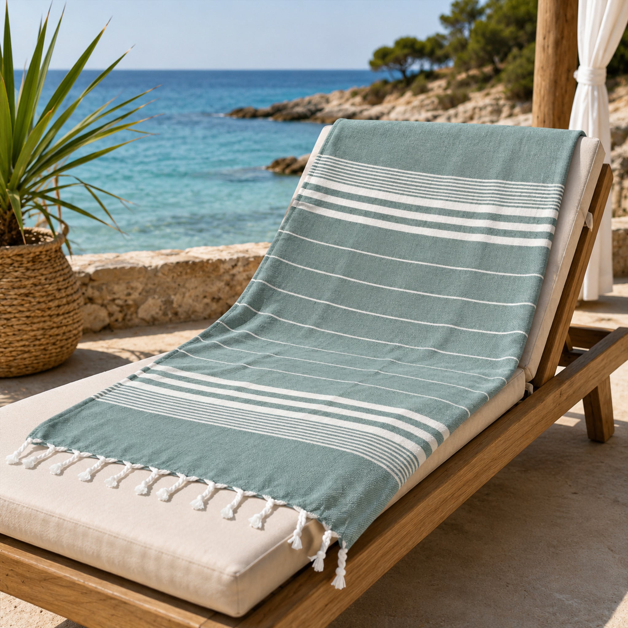 Telo mare fouta Cogal Guadalupa verde 100% cotone 90x170 cm con frange su lettino vista mare