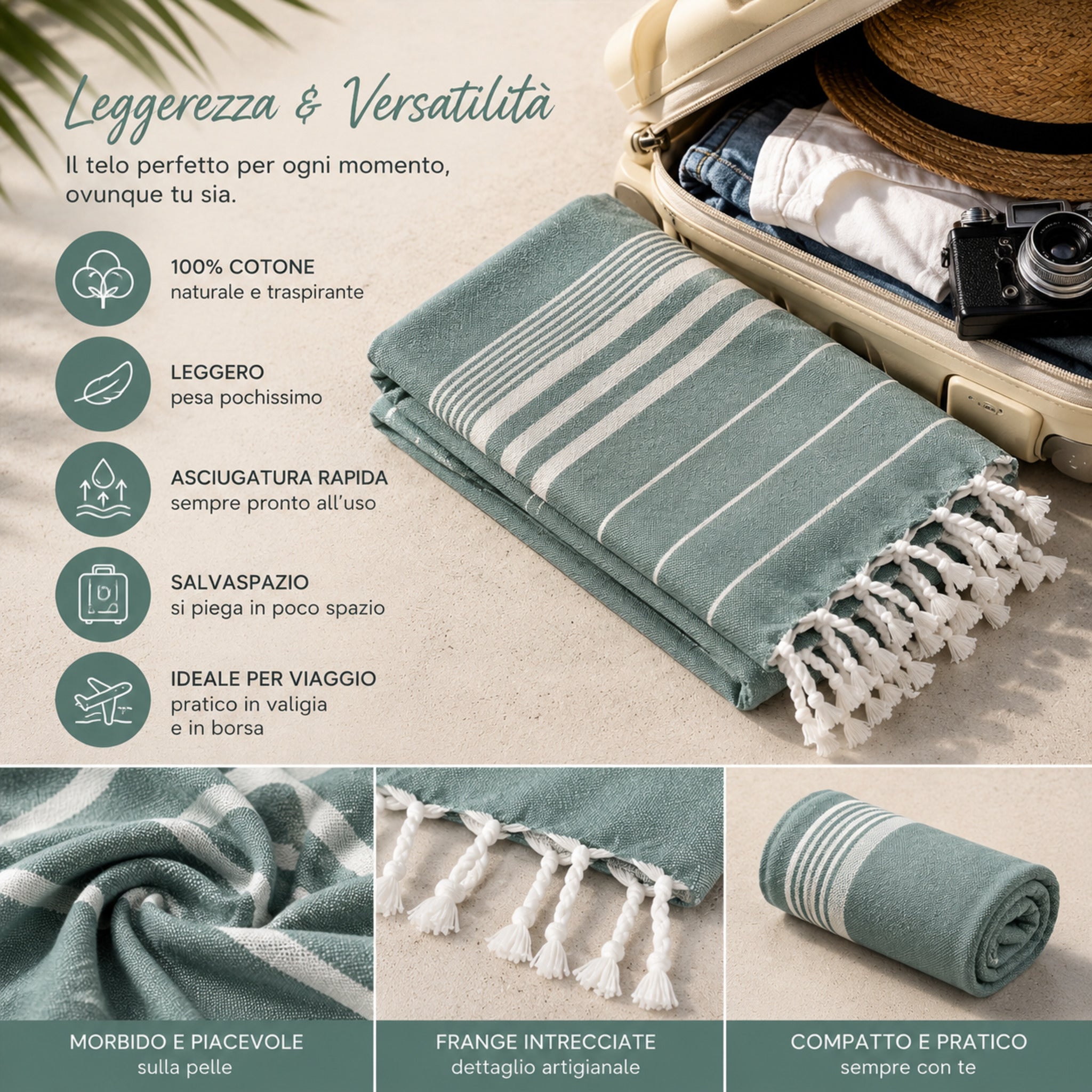 Telo mare fouta Cogal Guadalupa leggero e salvaspazio in 100% cotone naturale