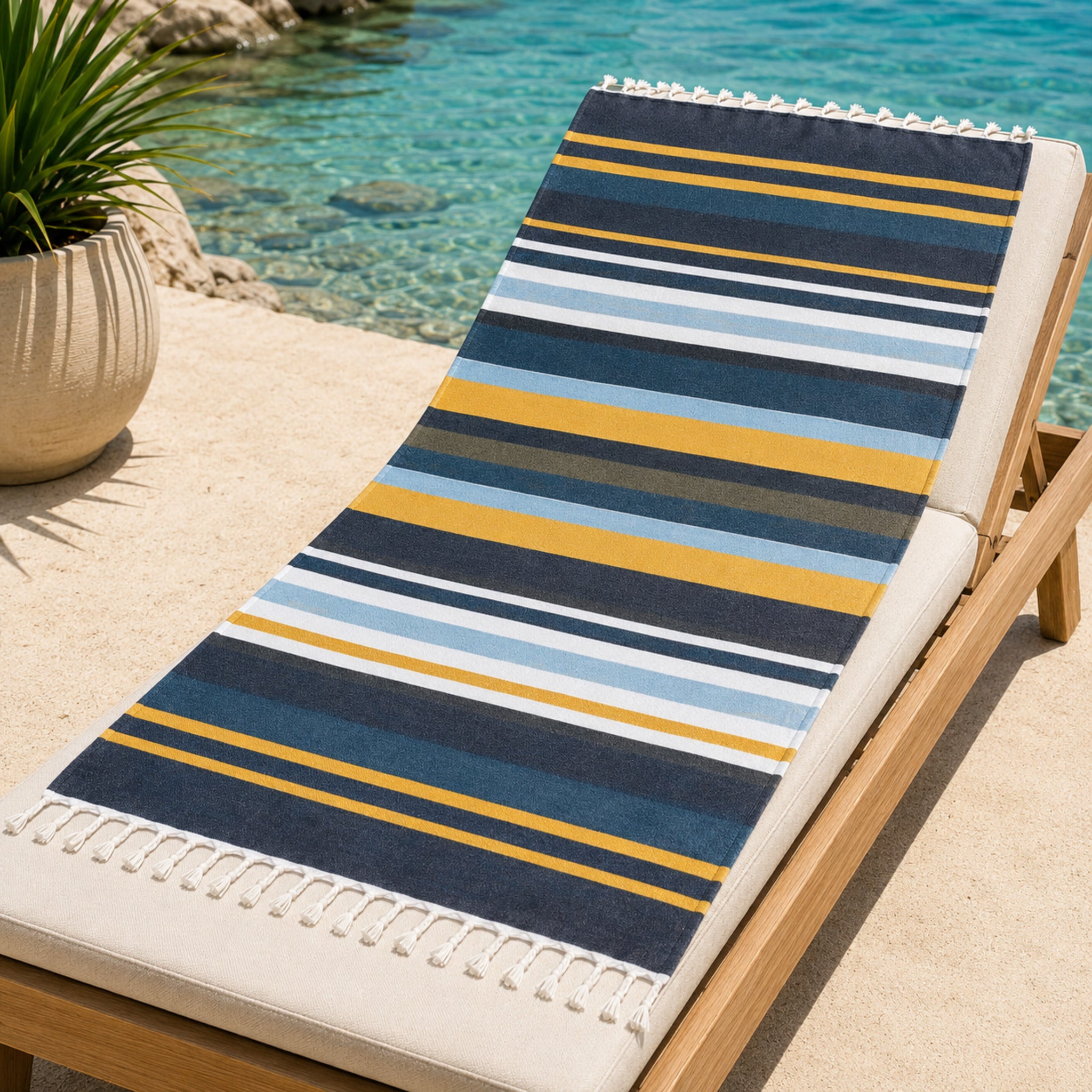 Telo mare fouta 100% cotone Cogal Curacao blu 90x170 cm con frange intrecciate a mano
