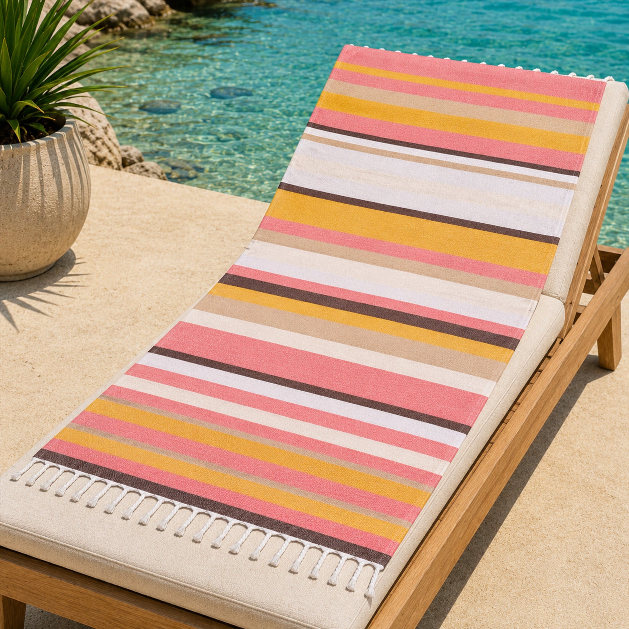 Telo mare fouta 100% cotone Cogal Curacao corallo 90x170 cm con frange intrecciate a mano