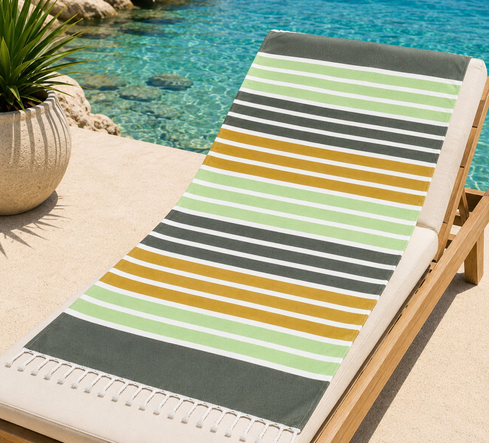 Telo mare fouta 100% cotone Cogal Curacao verde 90x170 cm con frange intrecciate a mano