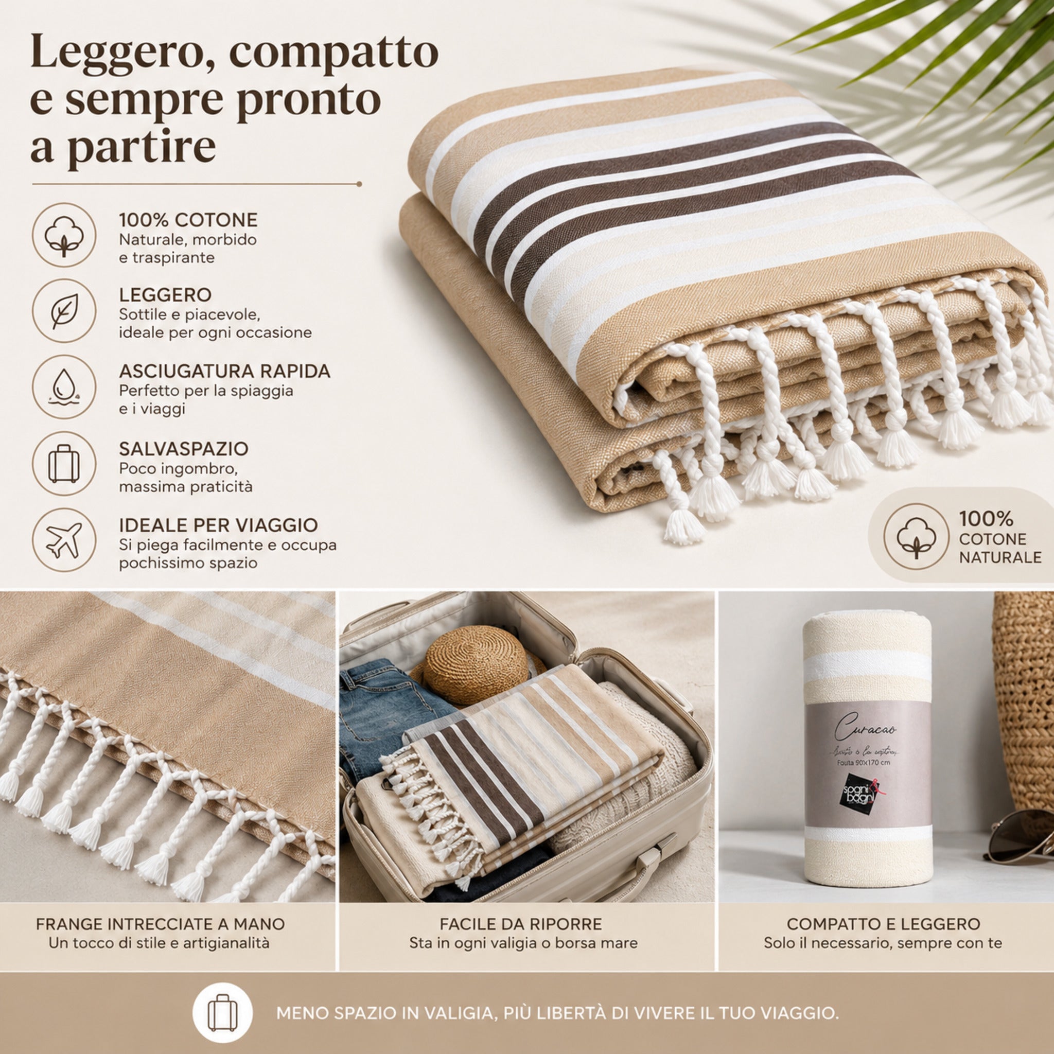 Telo mare fouta Curacao in cotone naturale leggero traspirante e salvaspazio beige