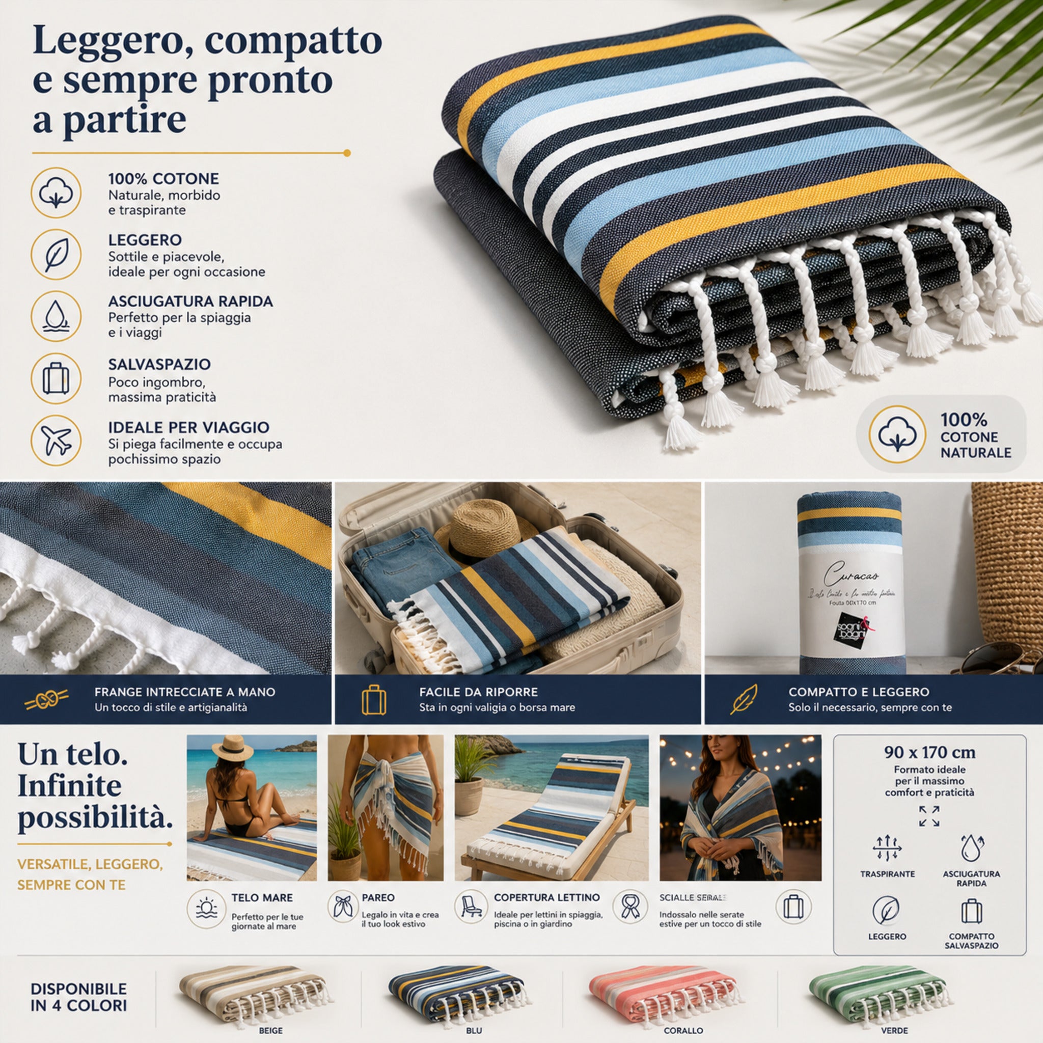 Telo mare fouta Curacao in cotone naturale leggero traspirante e salvaspazio blu