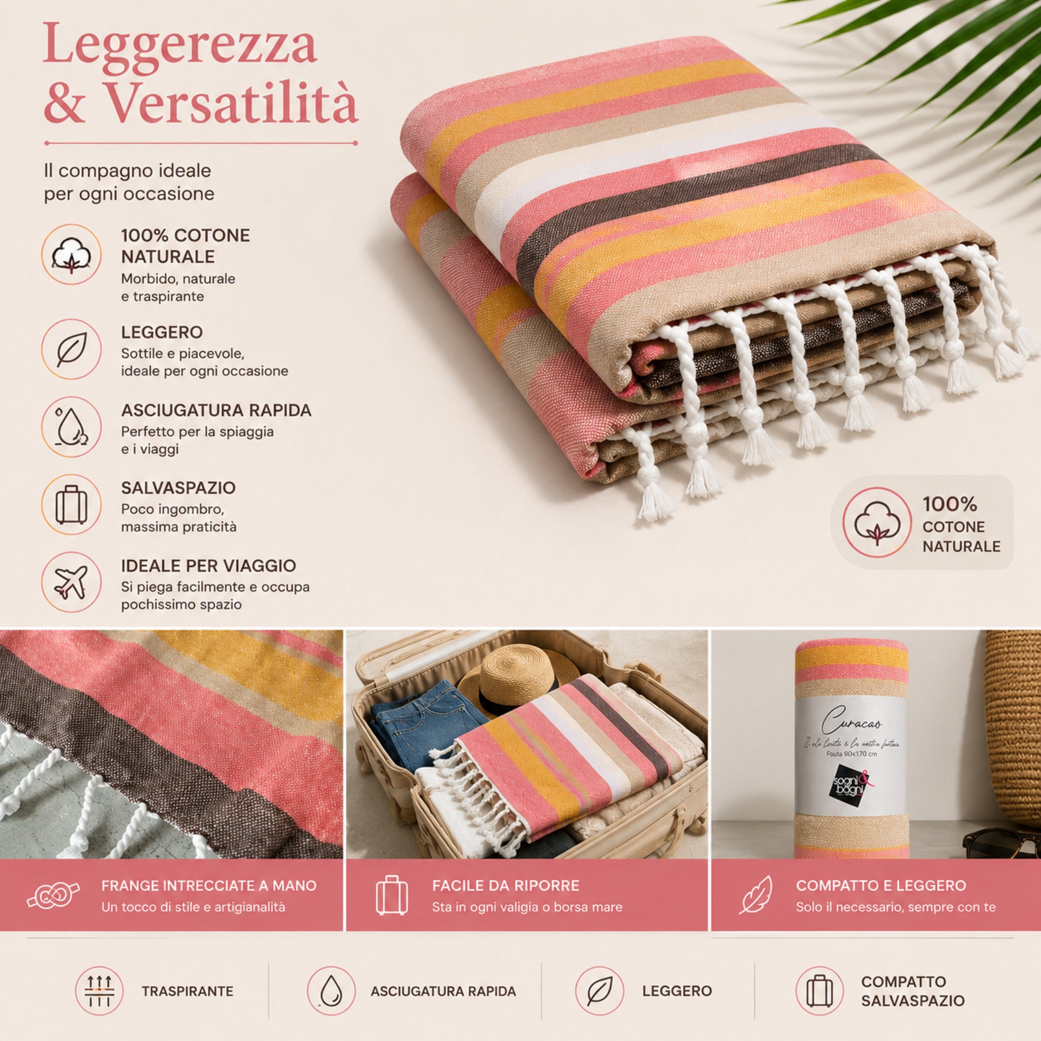 Telo mare fouta Curacao in cotone naturale leggero traspirante e salvaspazio corallo