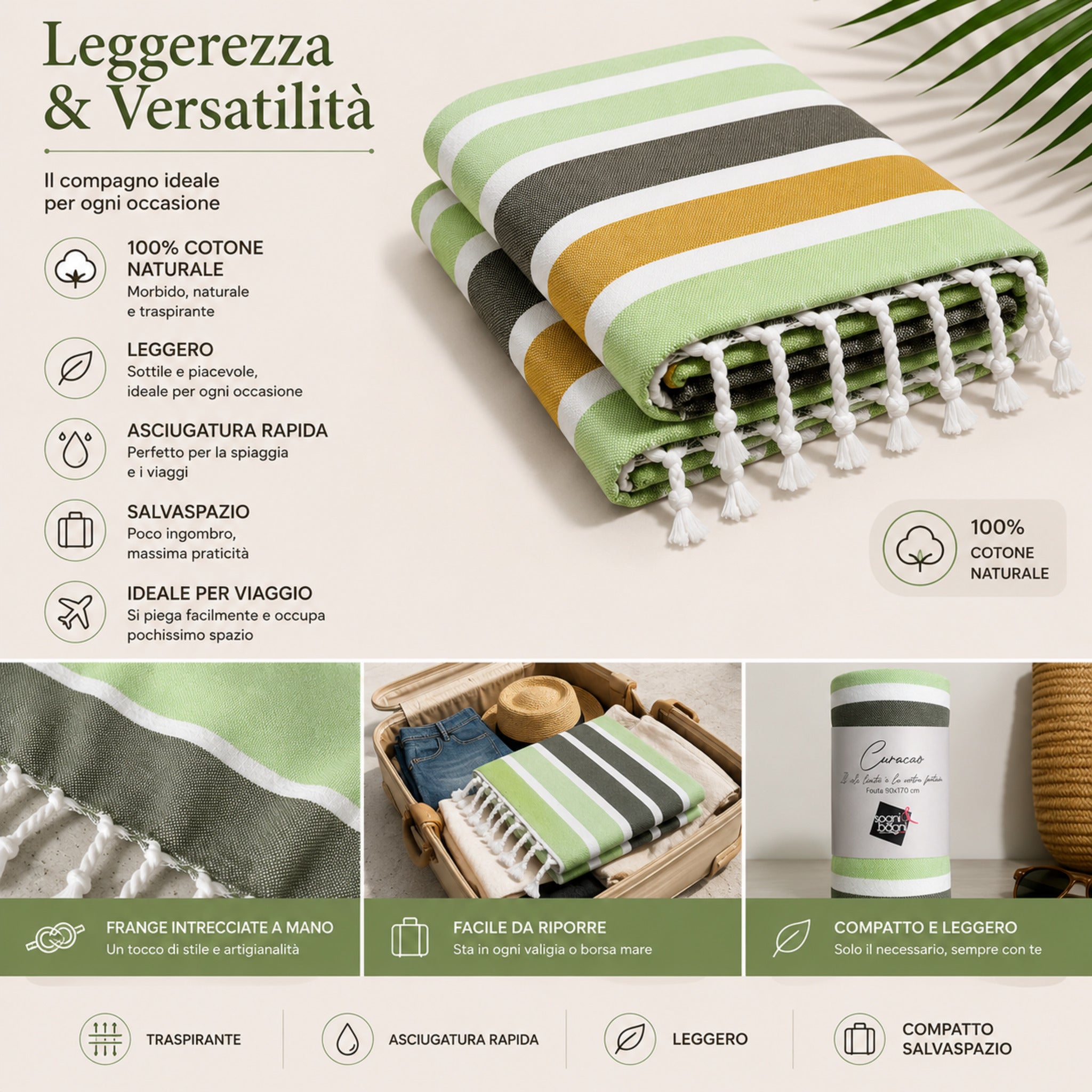 Telo mare fouta Curacao in cotone naturale leggero traspirante e salvaspazio verde