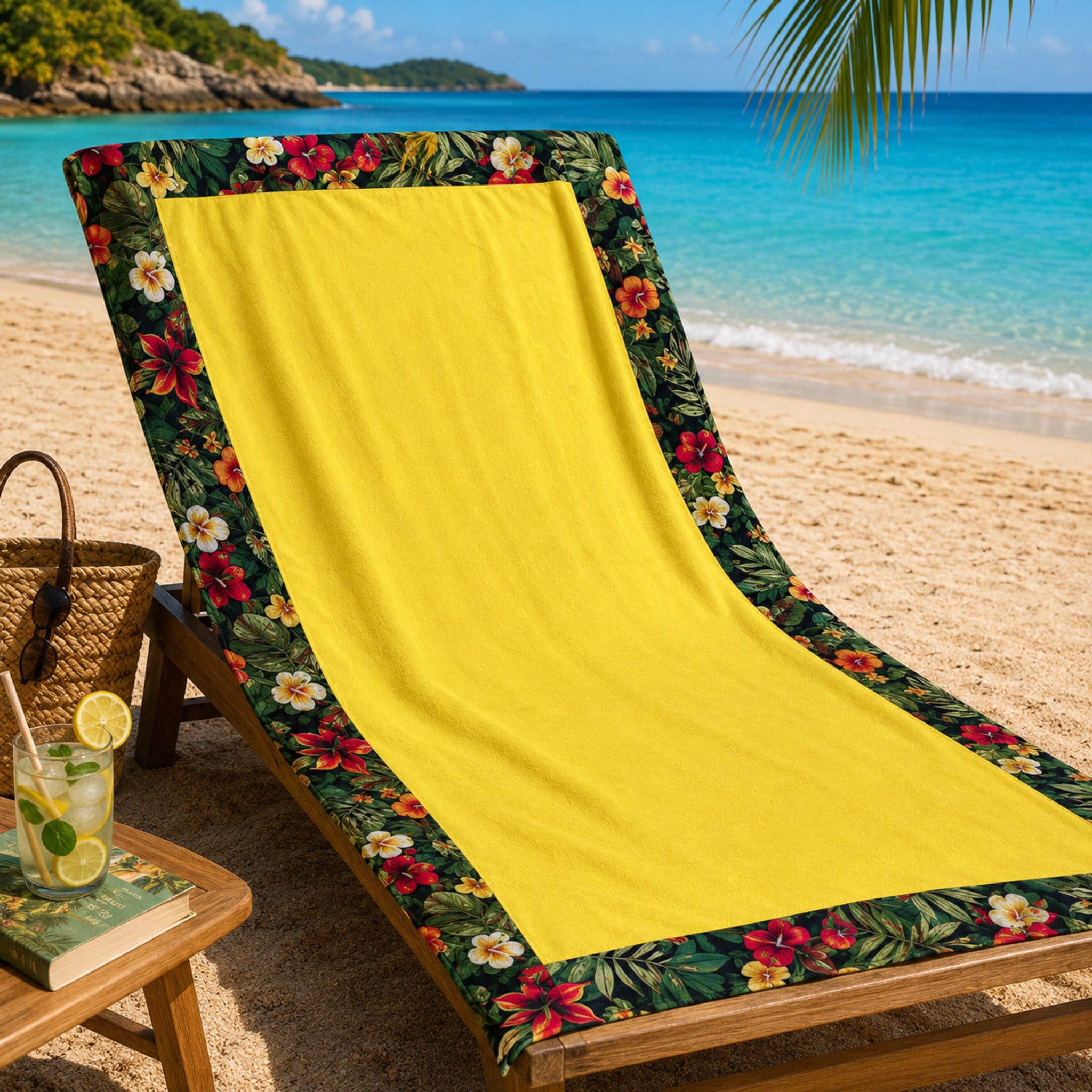 Telo mare giallo tropicale Fancy Home Ventotene con fiori esotici colorati