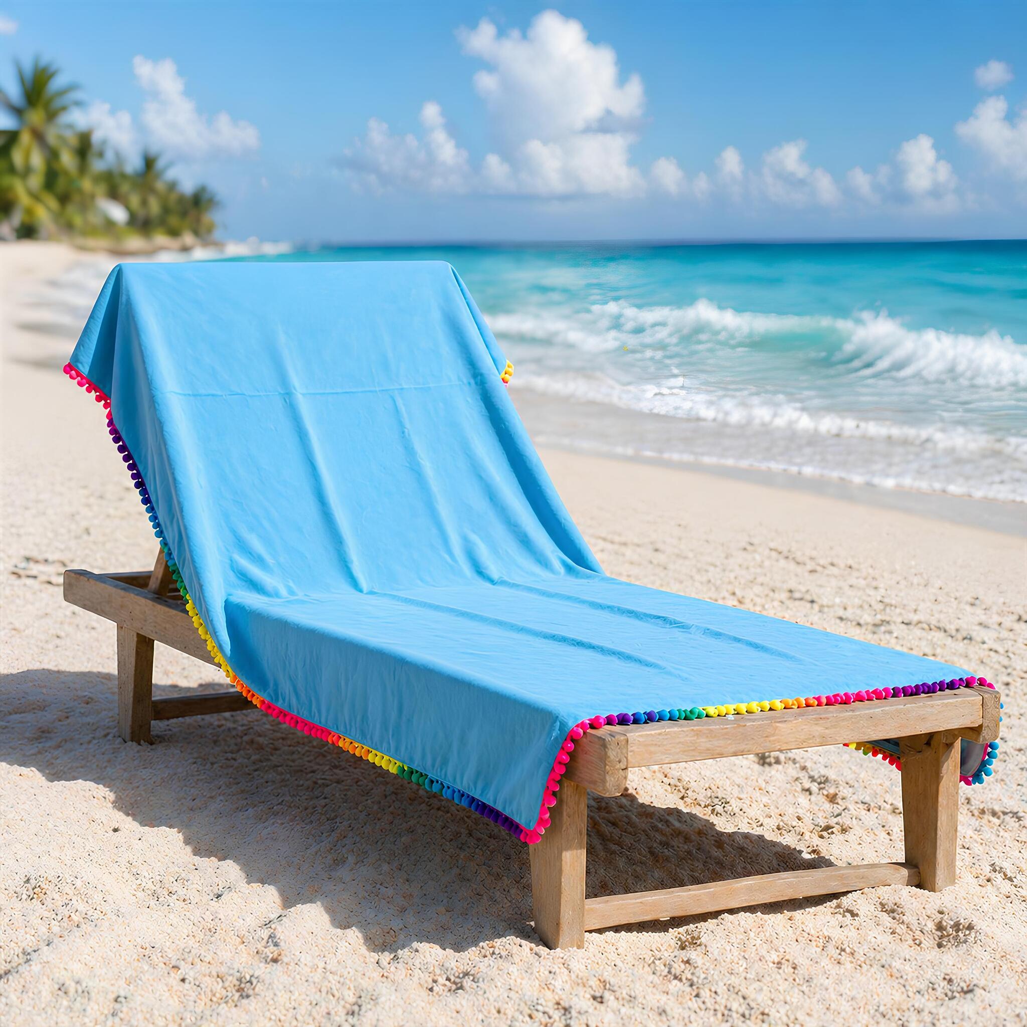 telo mare microfibra azzurro con pon pon colorati su lettino spiaggia