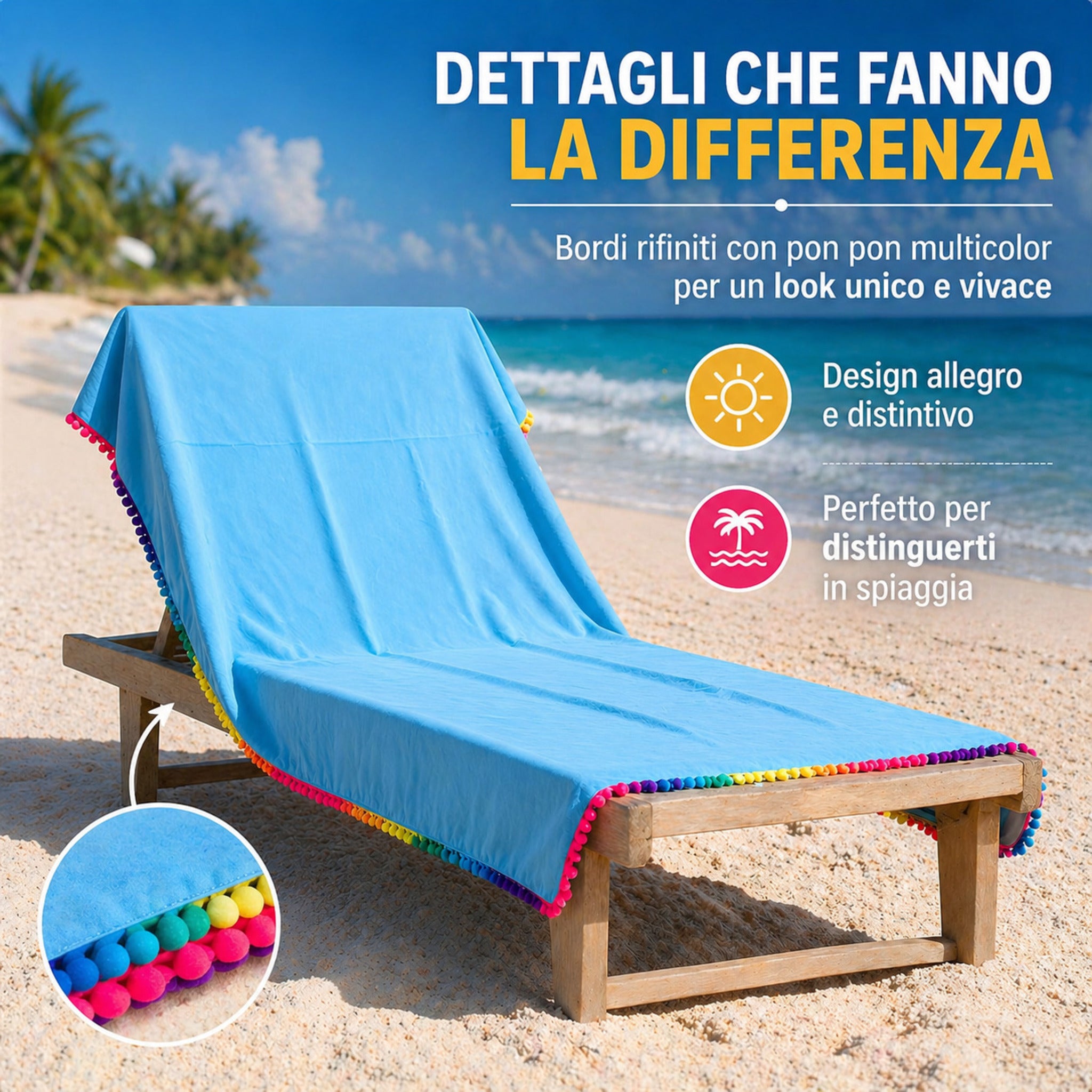 dettaglio bordo telo mare azzurro con pon pon colorati vivaci