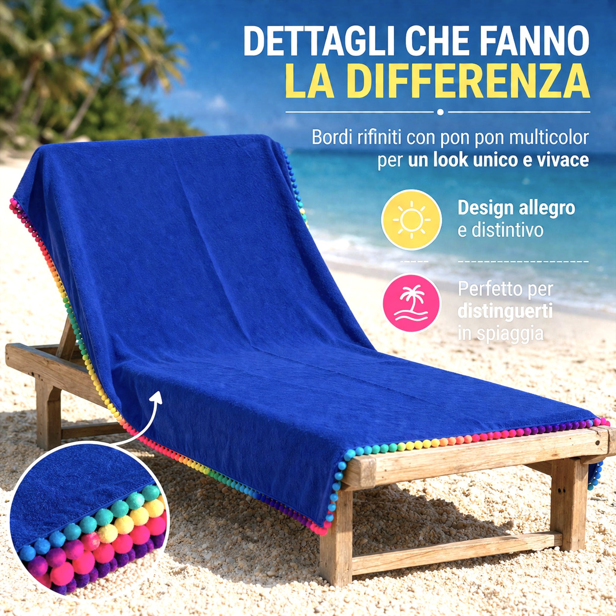dettaglio bordo telo mare blu con pon pon colorati vivaci