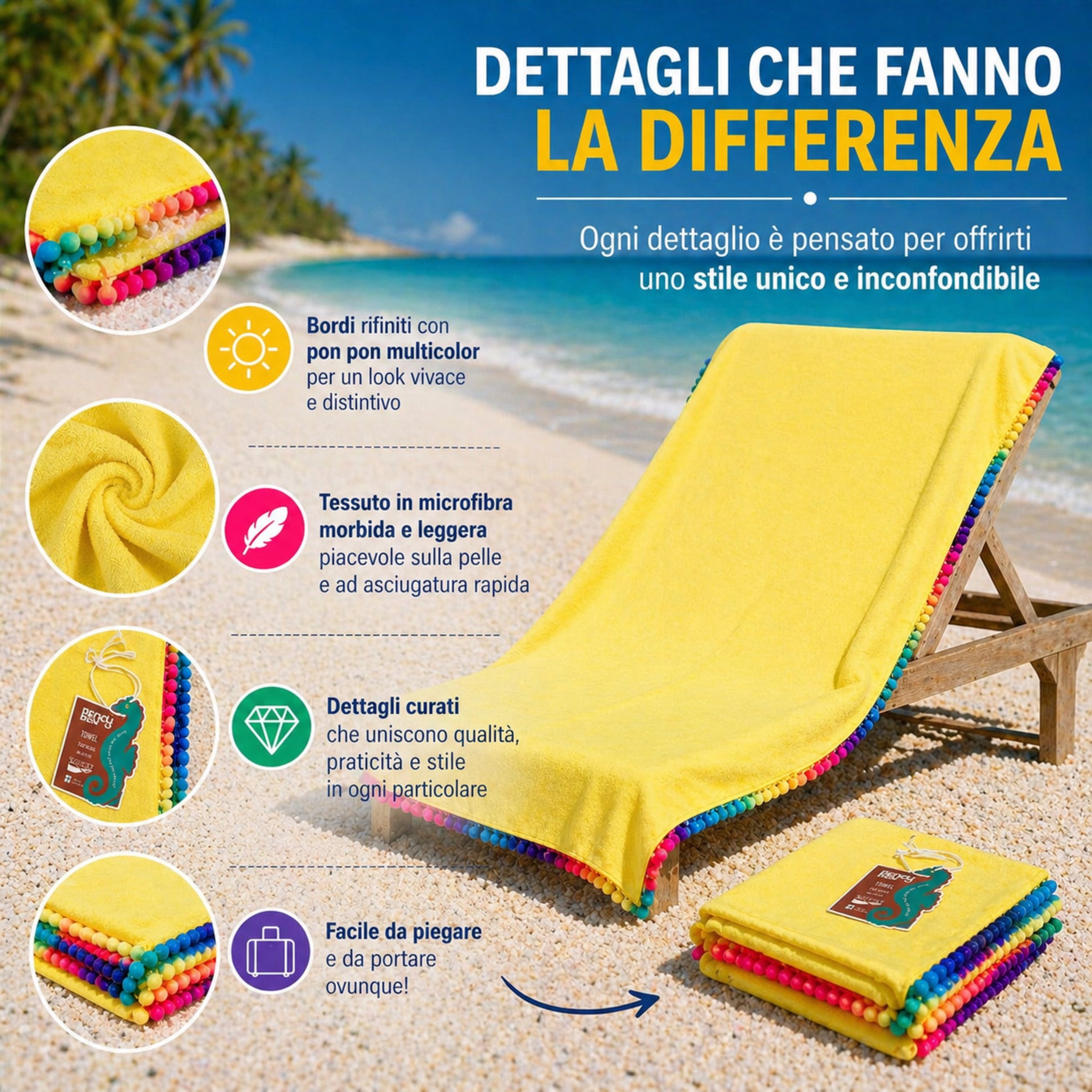 dettaglio bordo telo mare giallo con pon pon colorati vivaci