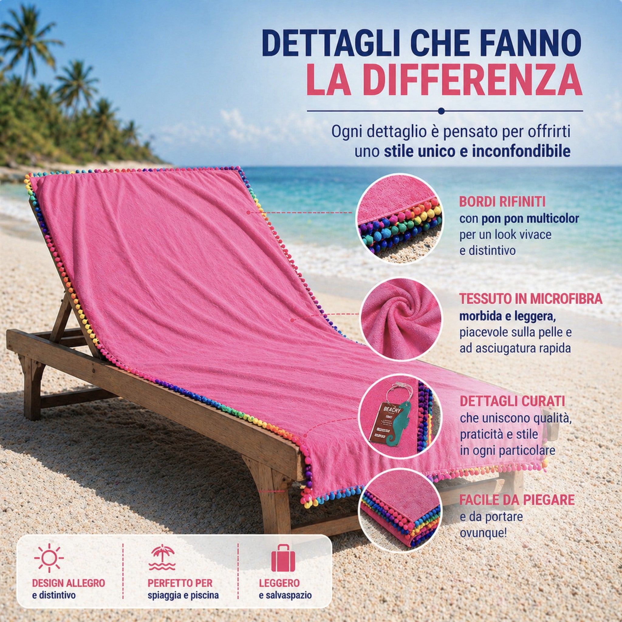 dettaglio bordo telo mare rosa con pon pon colorati vivaci